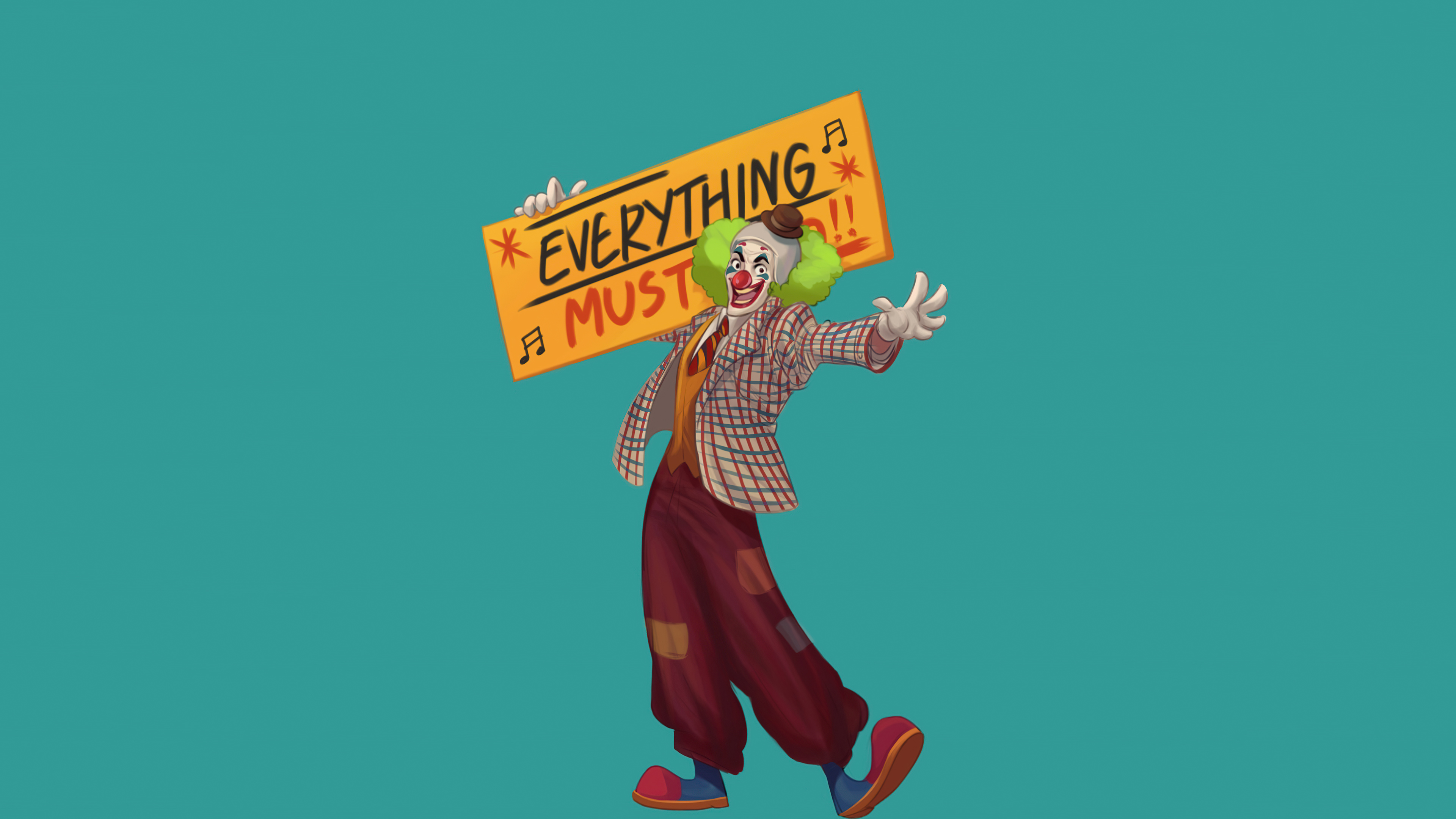 Clown holding a sign that says "Everything Must Go!!" HD Wallpaper