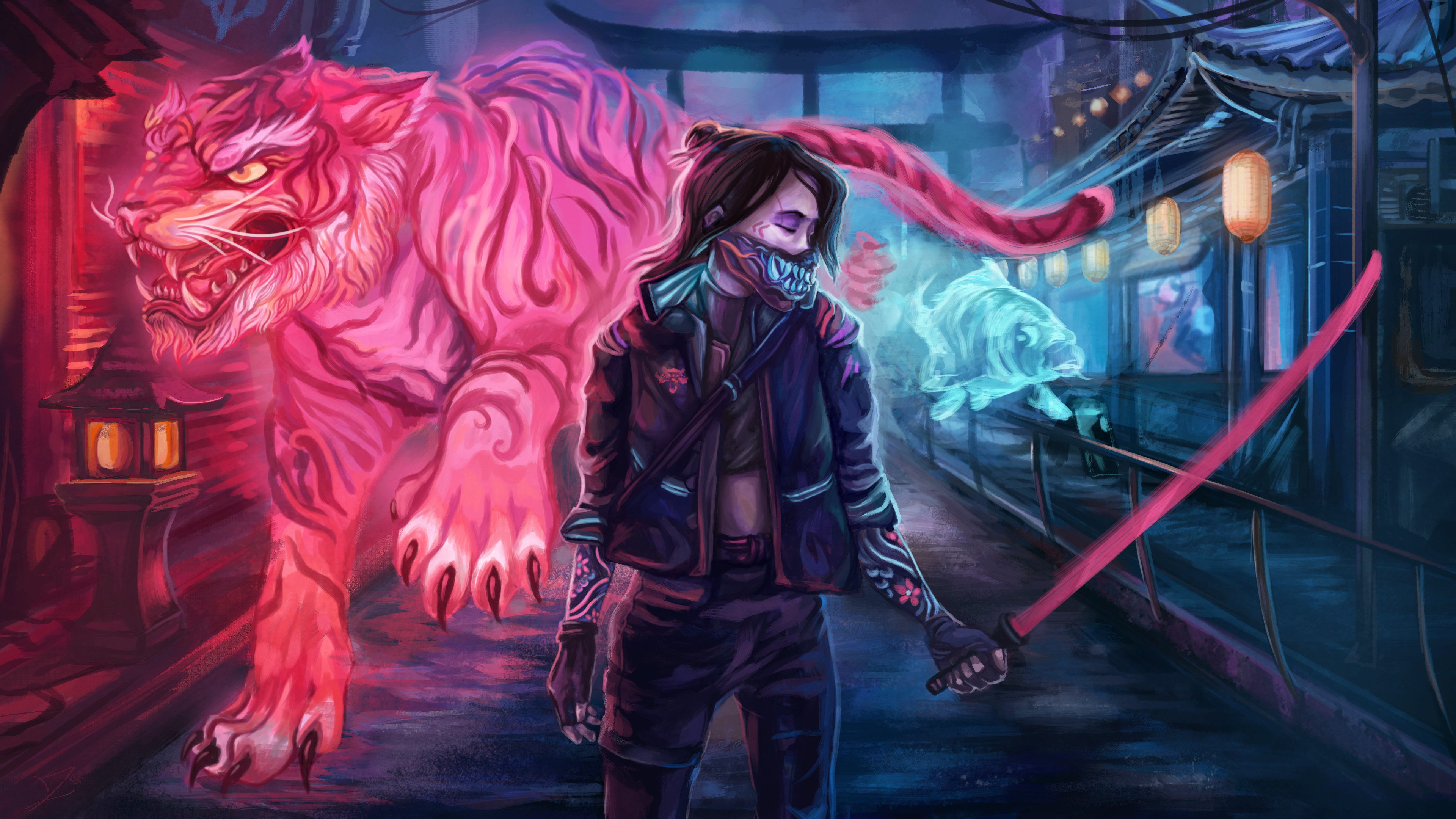 Cyberpunk girl with neon tiger and koi fish HD Wallpaper
