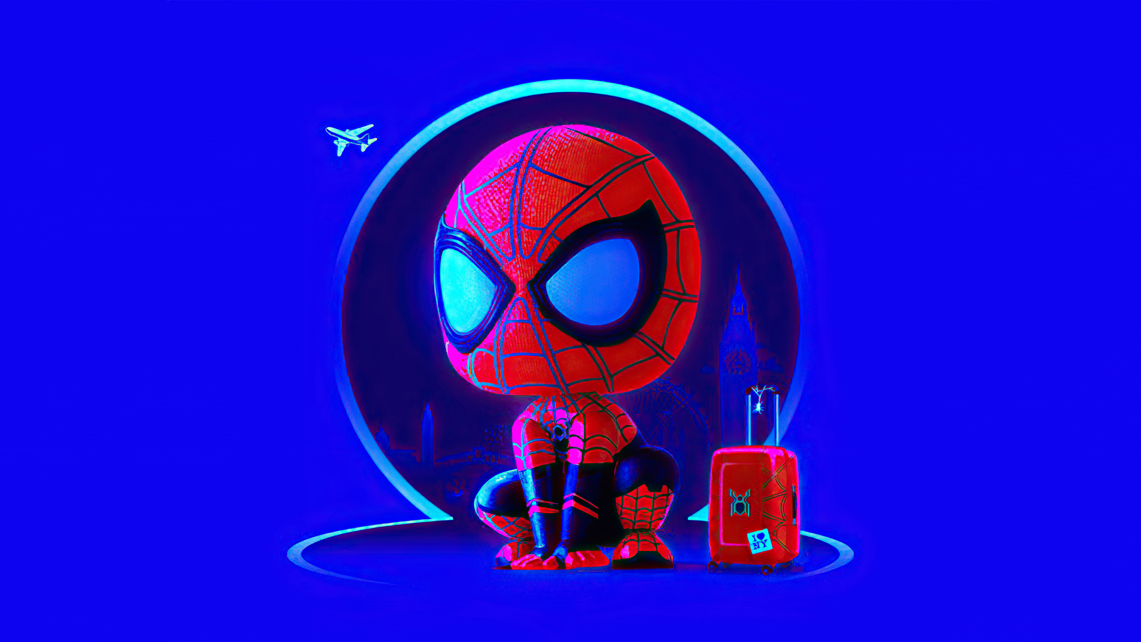 Spider-Man sitting with luggage and airplane in background HD Wallpaper