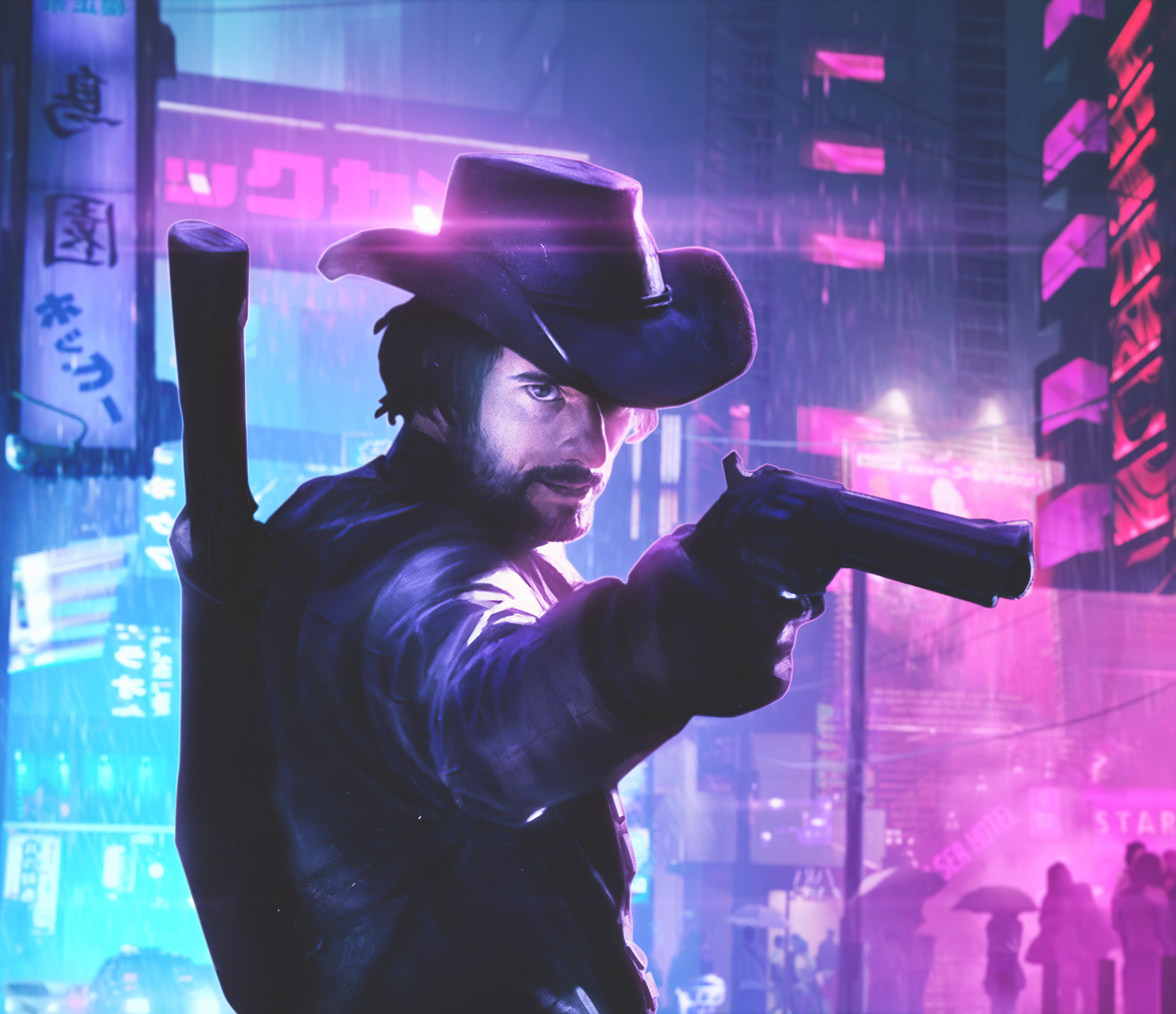 Cyberpunk Cowboy with Gun in Neon City HD Wallpaper