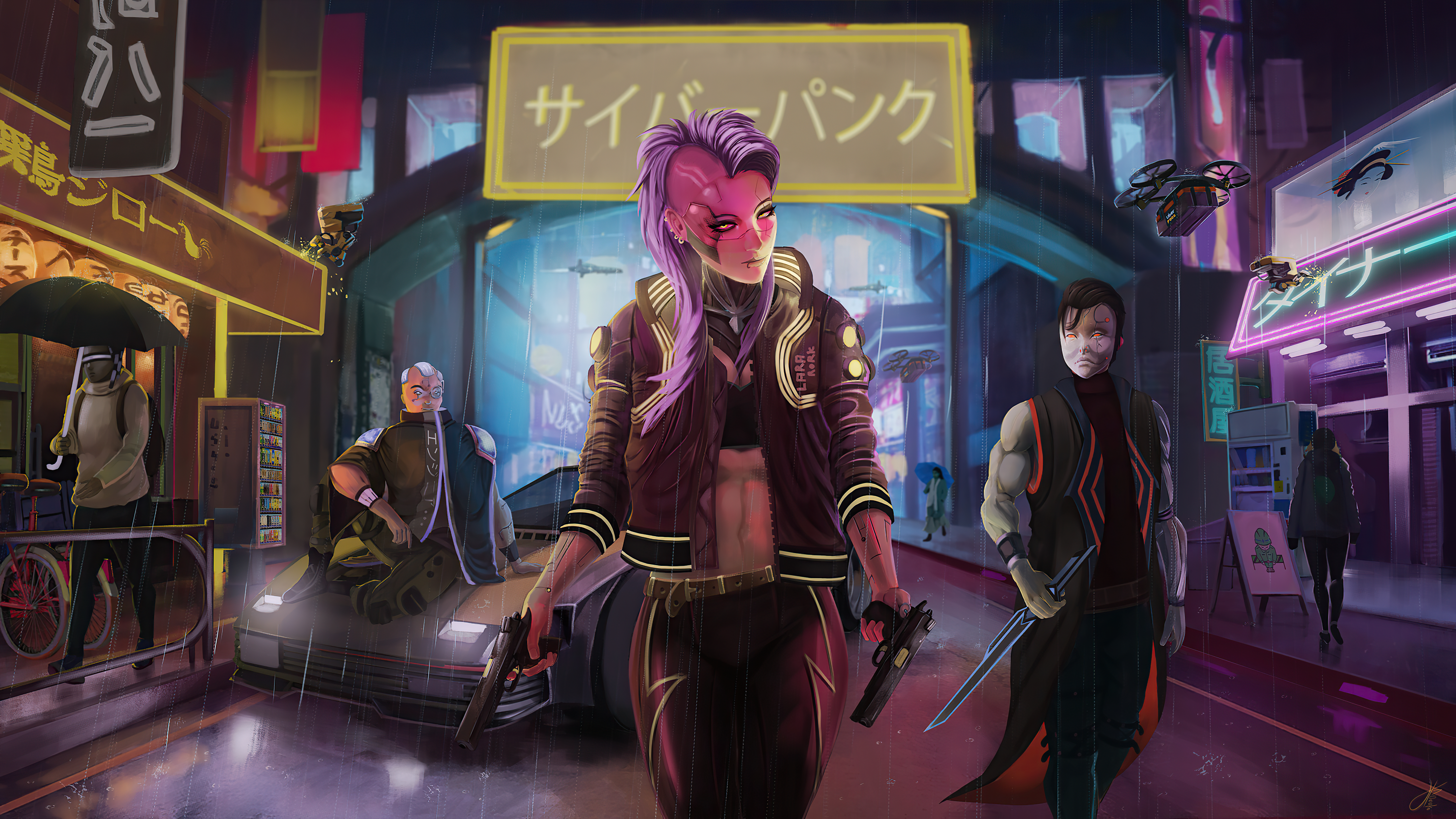 Cyberpunk 2077 characters in a rainy neon city HD Wallpaper
