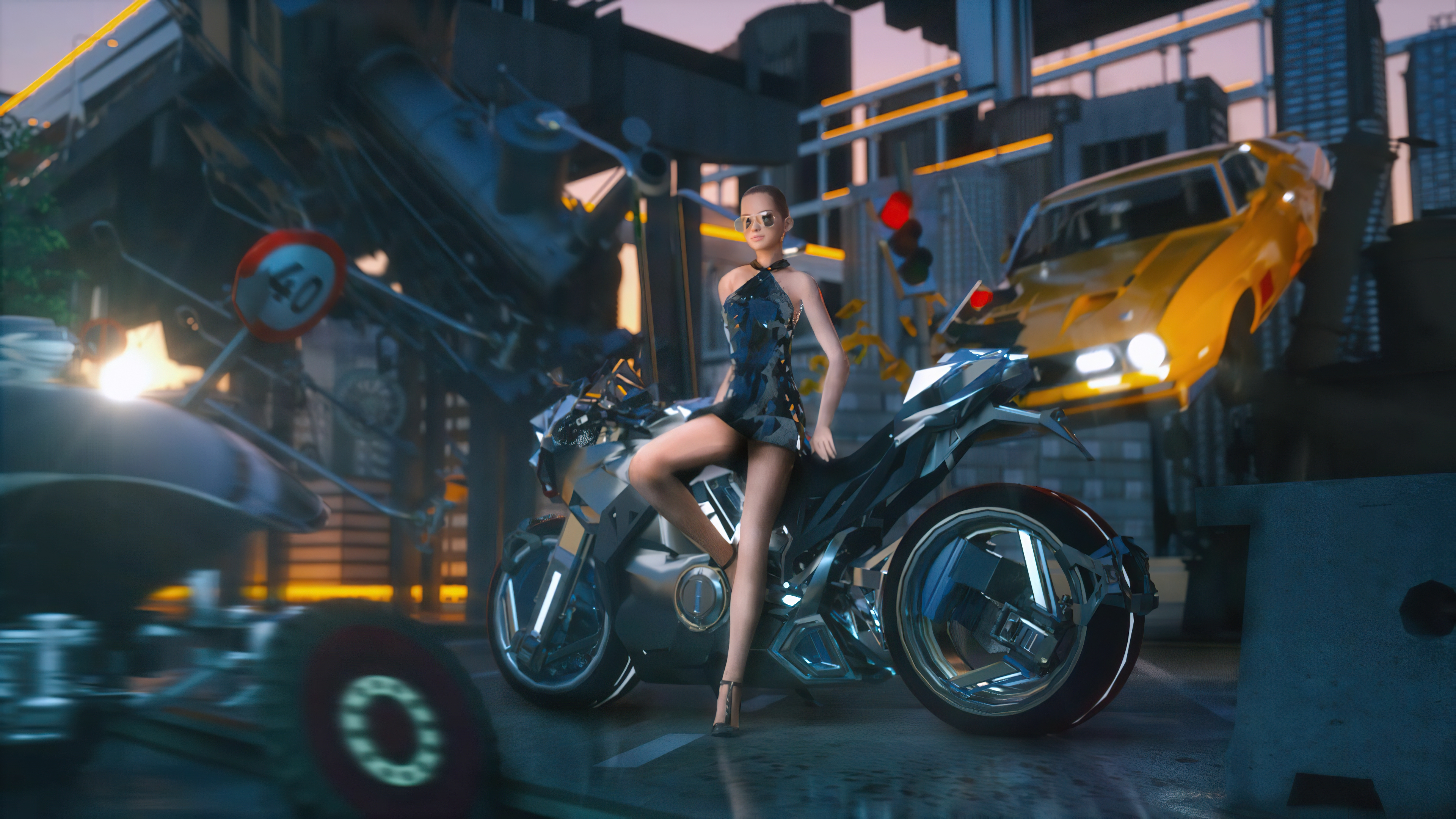 Woman on a motorcycle in a destroyed city 4K HD Wallpaper