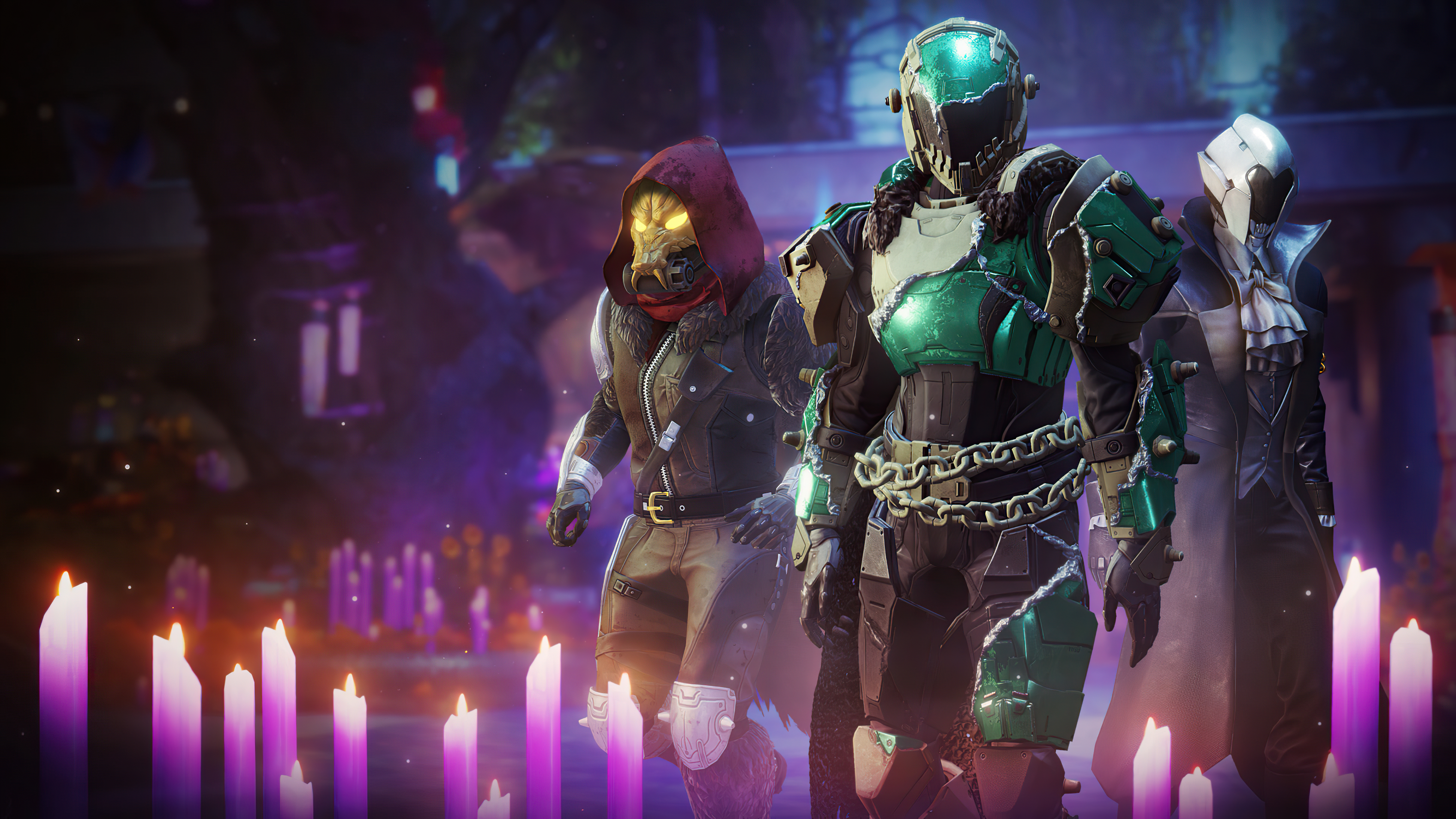 Destiny 2 characters in a spooky setting with candles HD Wallpaper