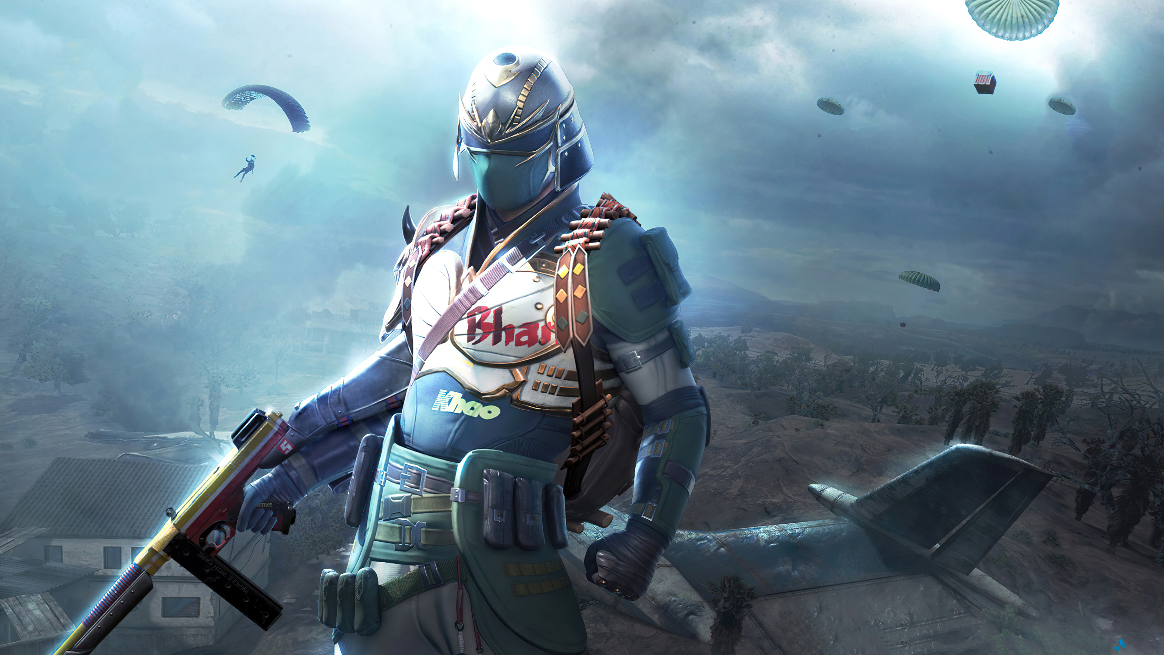 PlayerUnknown's Battlegrounds character with gun and parachutes HD Wallpaper