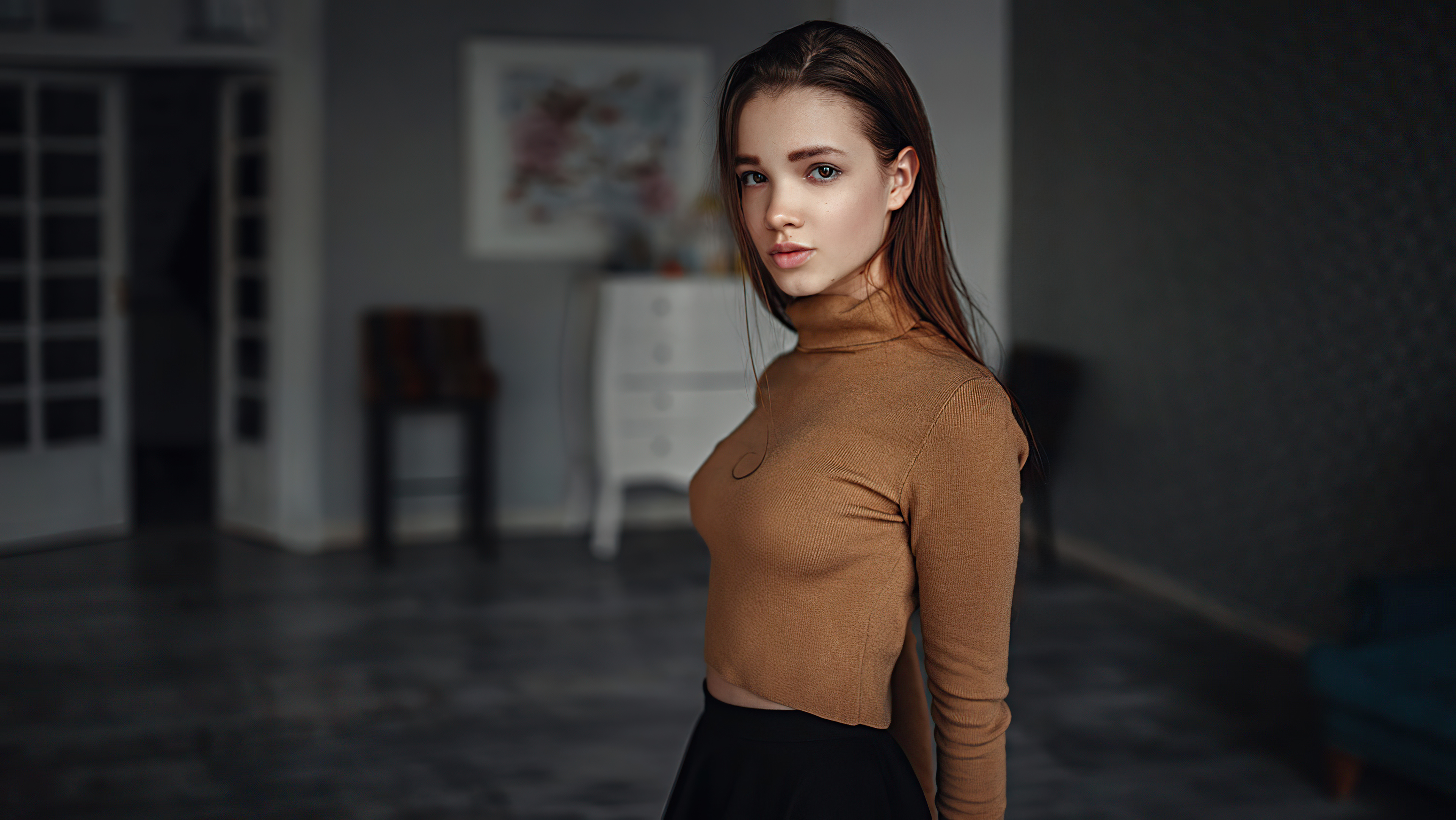 Model in a turtleneck and skirt HD Wallpaper