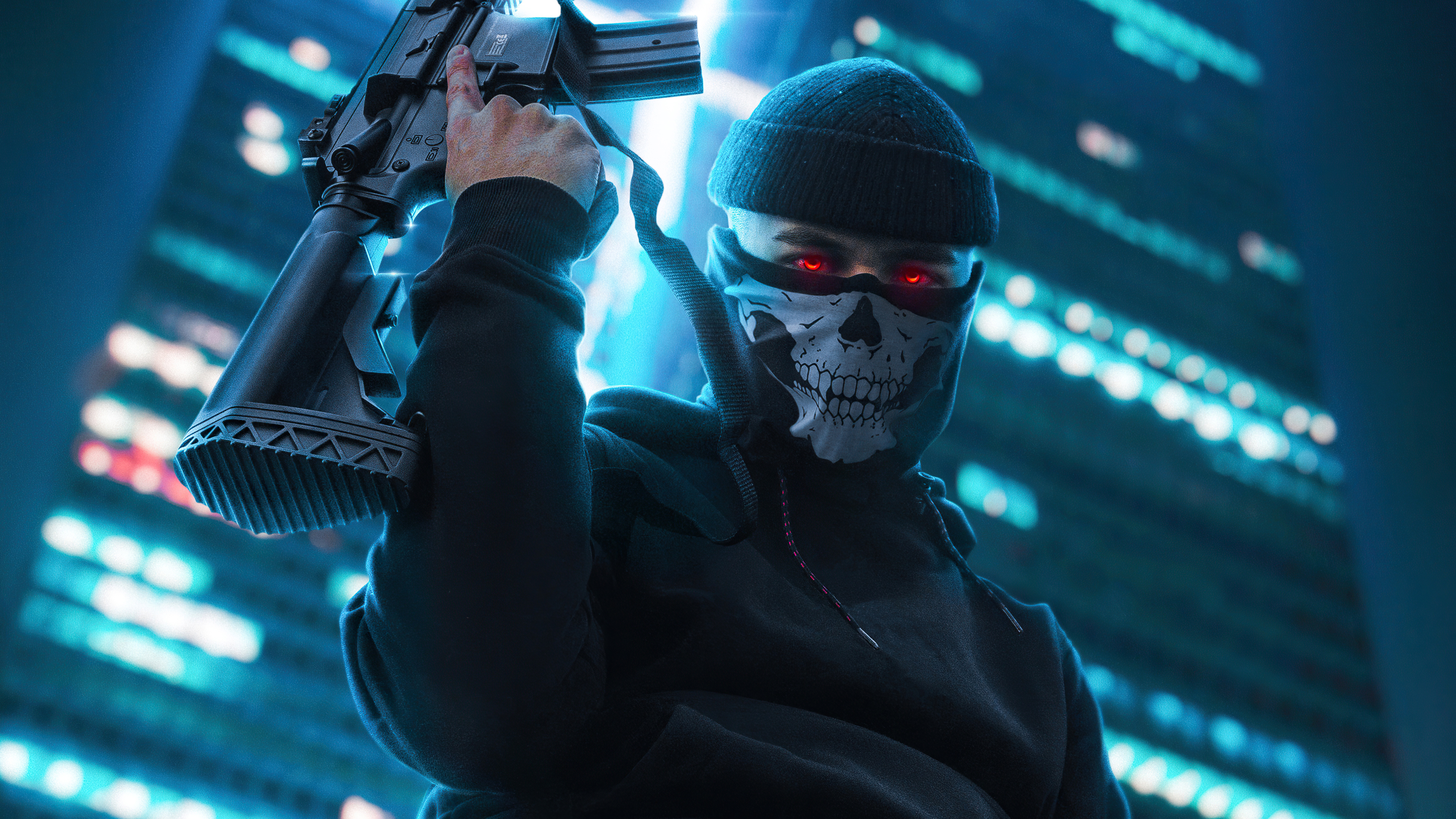 Man with skull mask and rifle in city HD Wallpaper