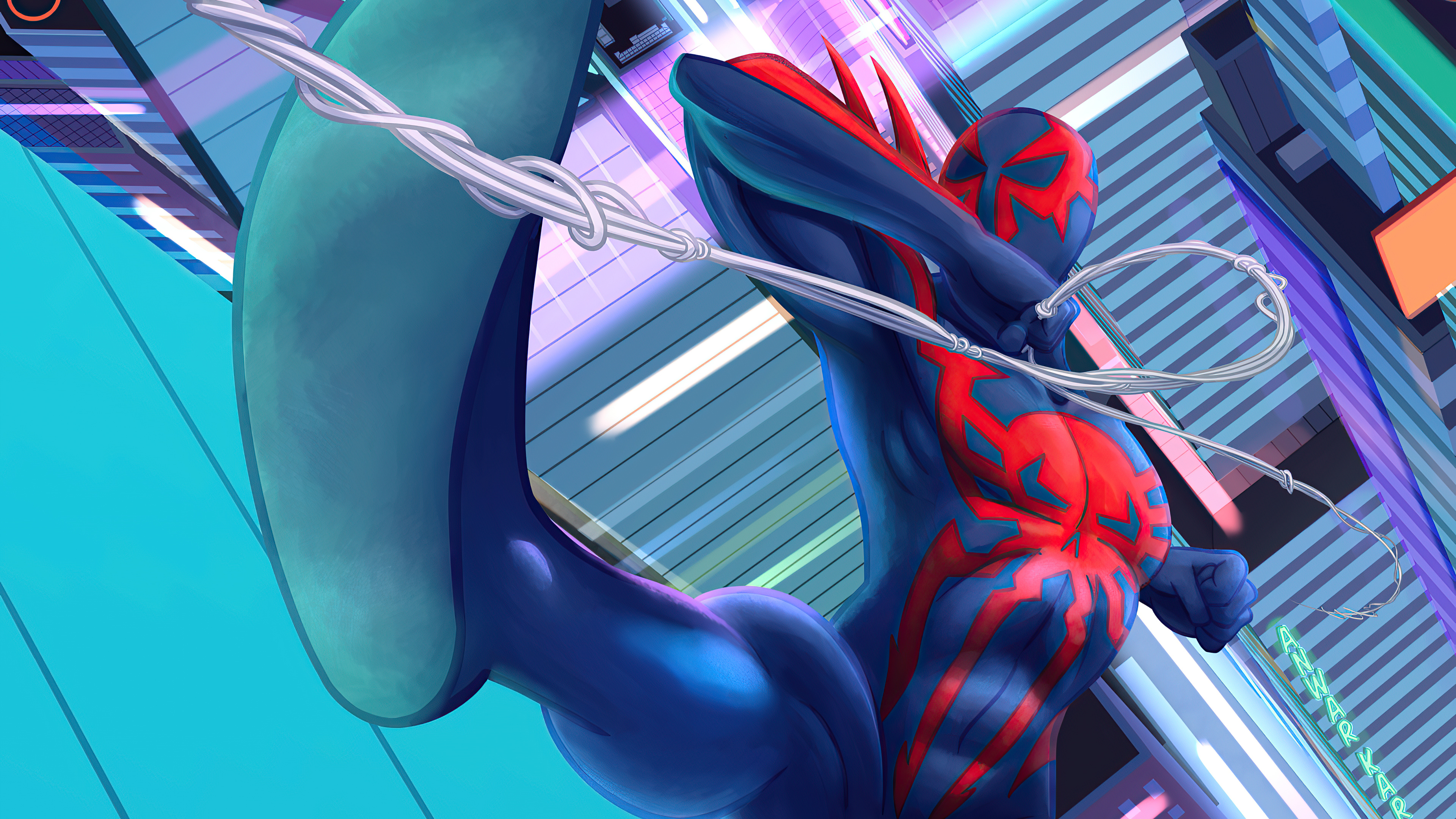 Spider-Man 2099 swinging through a futuristic city HD Wallpaper