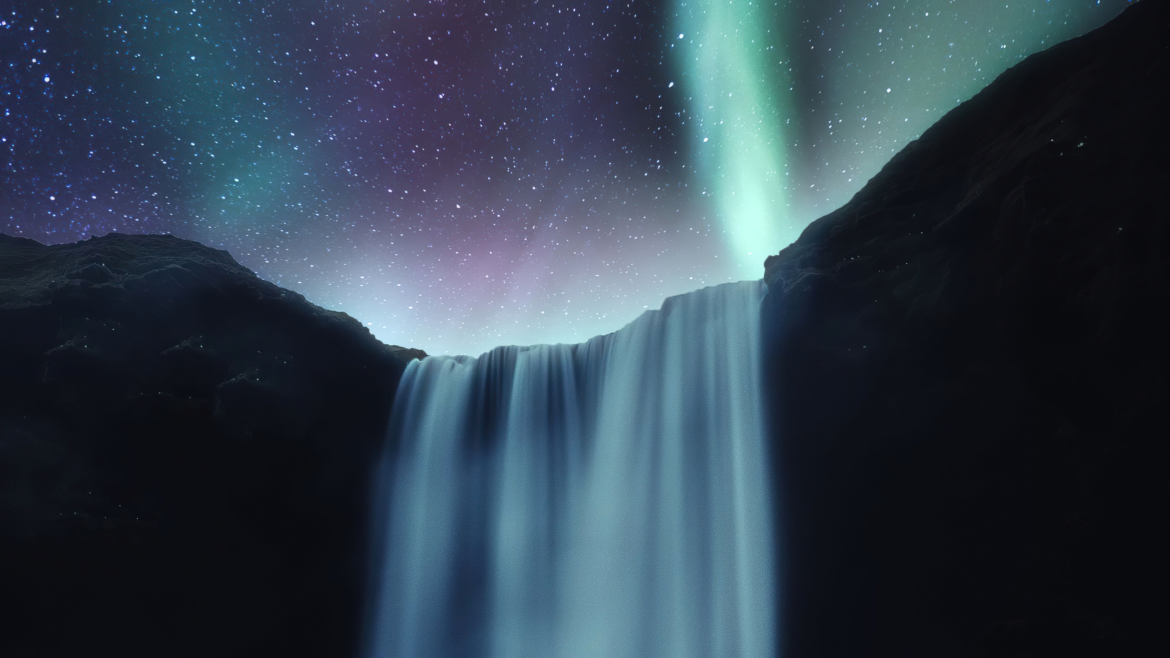 Waterfall under Aurora Borealis and starry sky HD Wallpaper