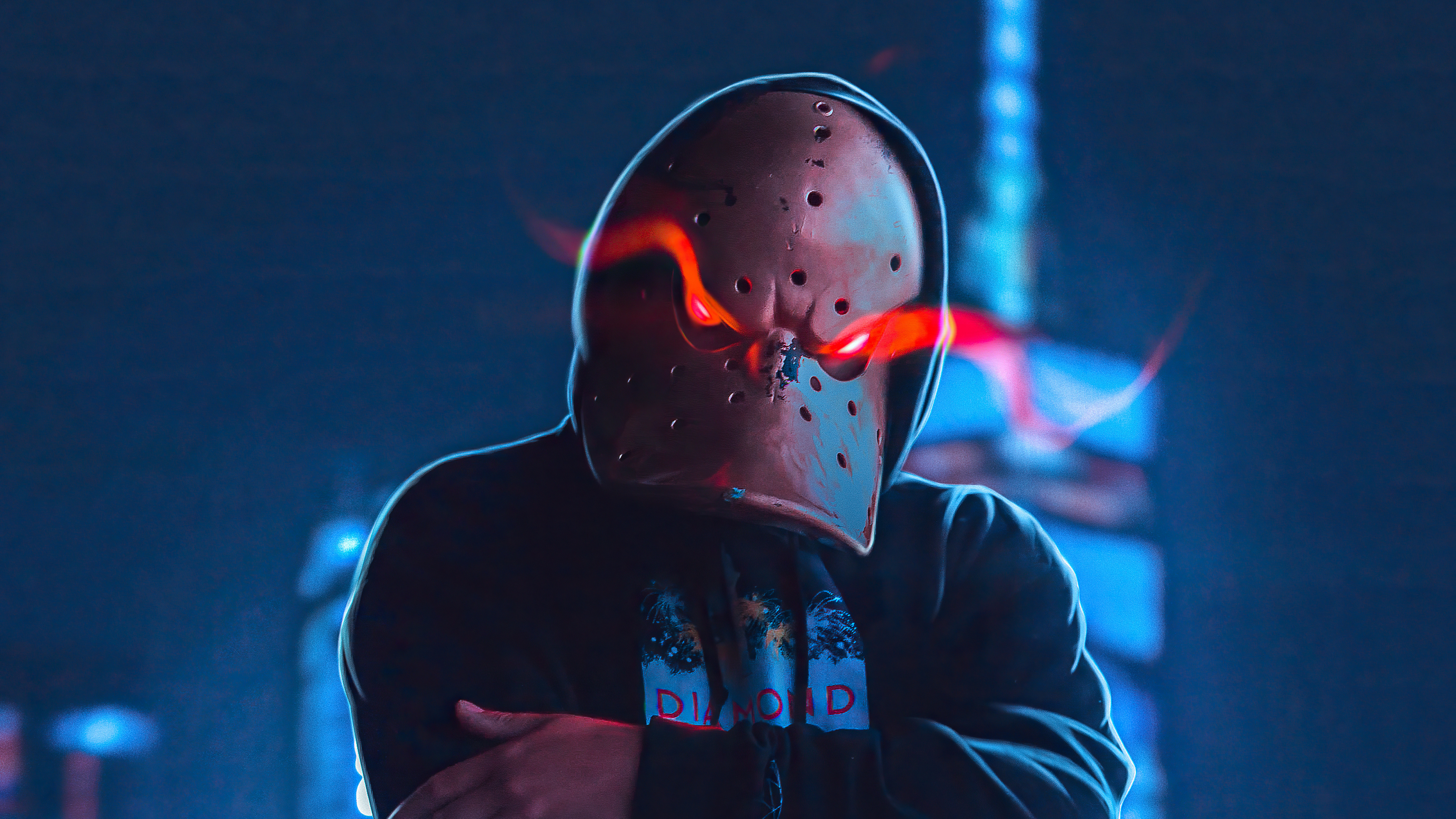 Man in mask with glowing eyes and hoodie HD Wallpaper