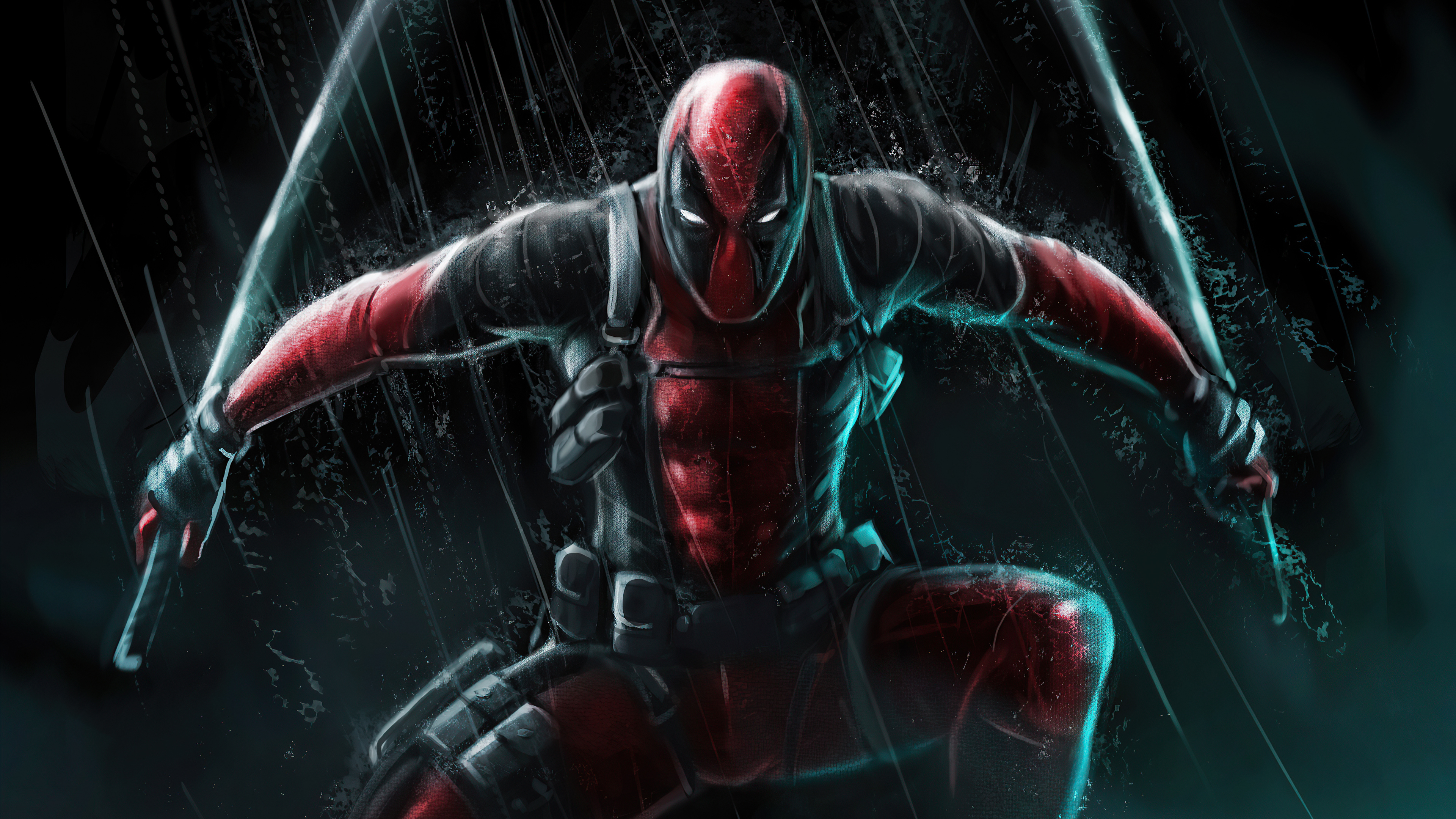 Deadpool artwork with swords in rain HD Wallpaper