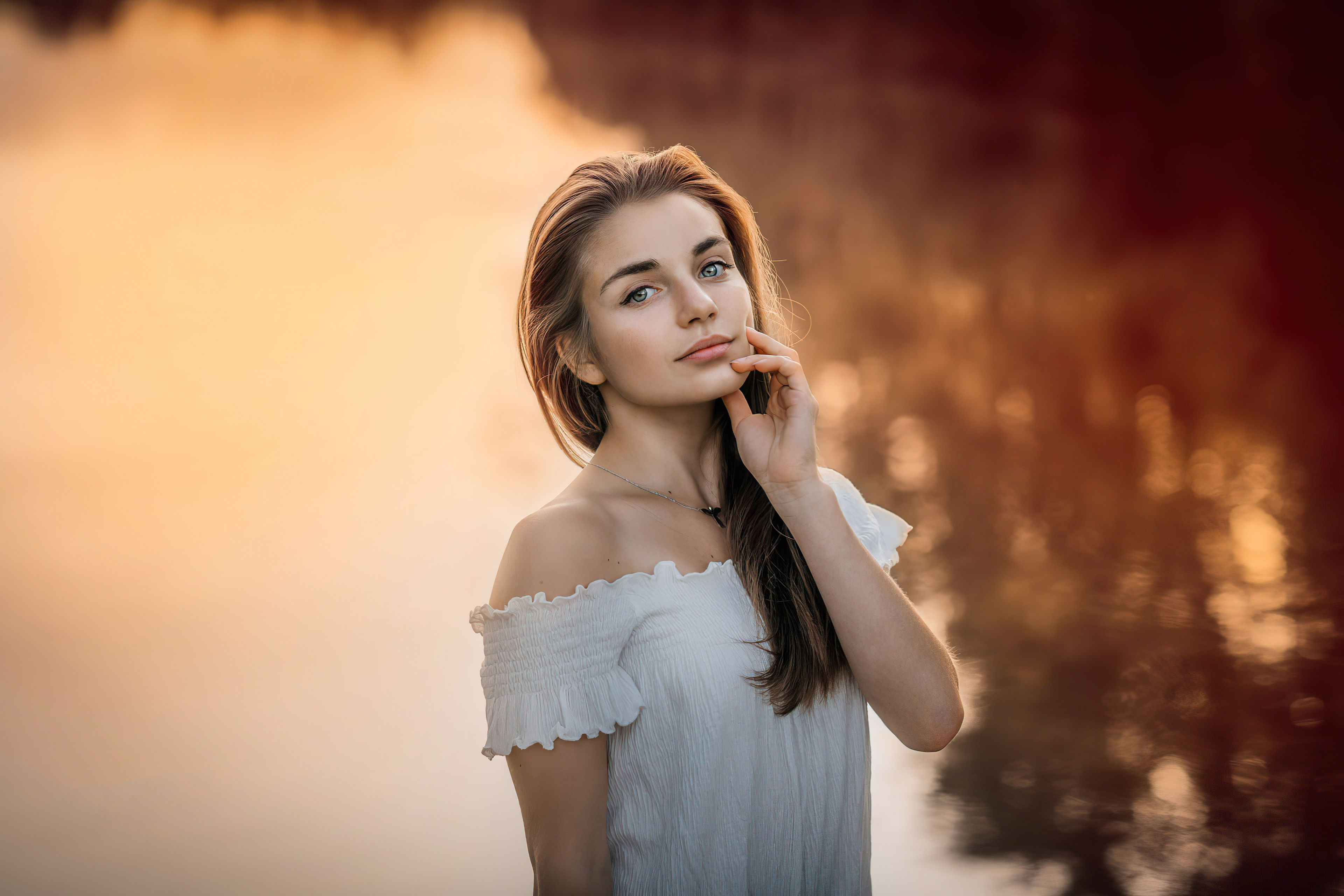 Young woman in white off-the-shoulder top by water HD Wallpaper