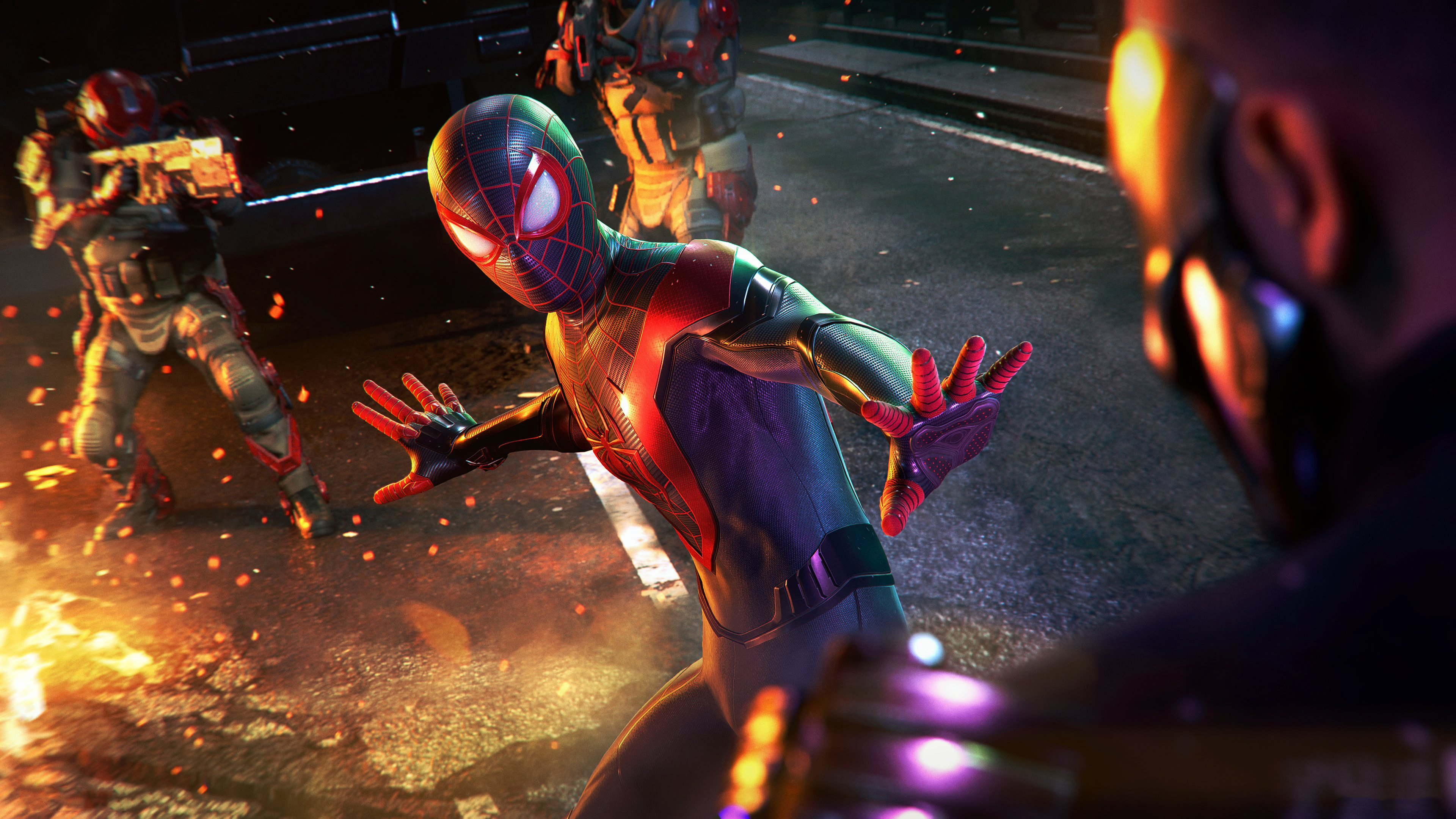 Spider-Man Miles Morales in combat with armed soldiers HD Wallpaper