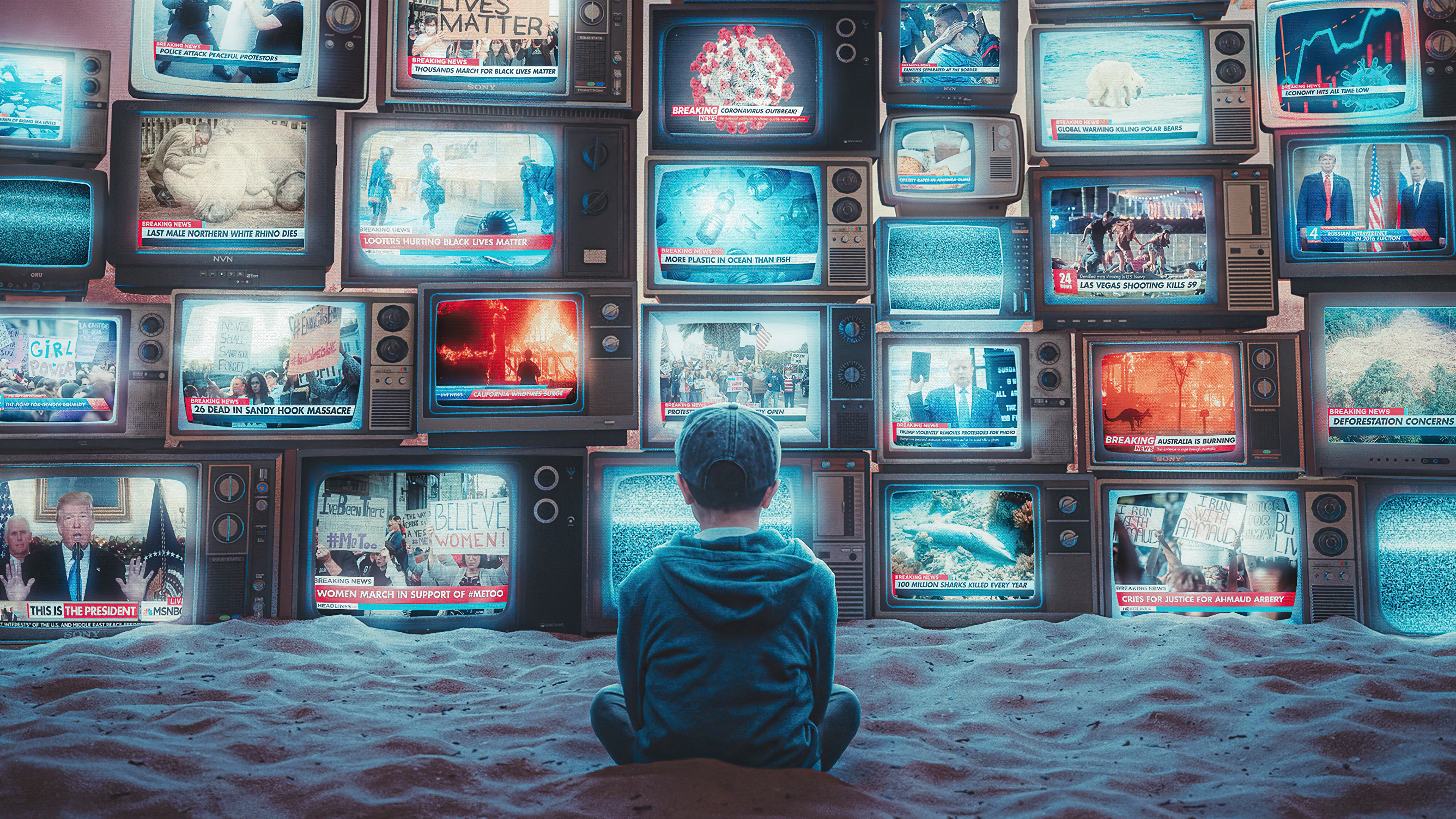 Boy watching news on multiple televisions HD Wallpaper