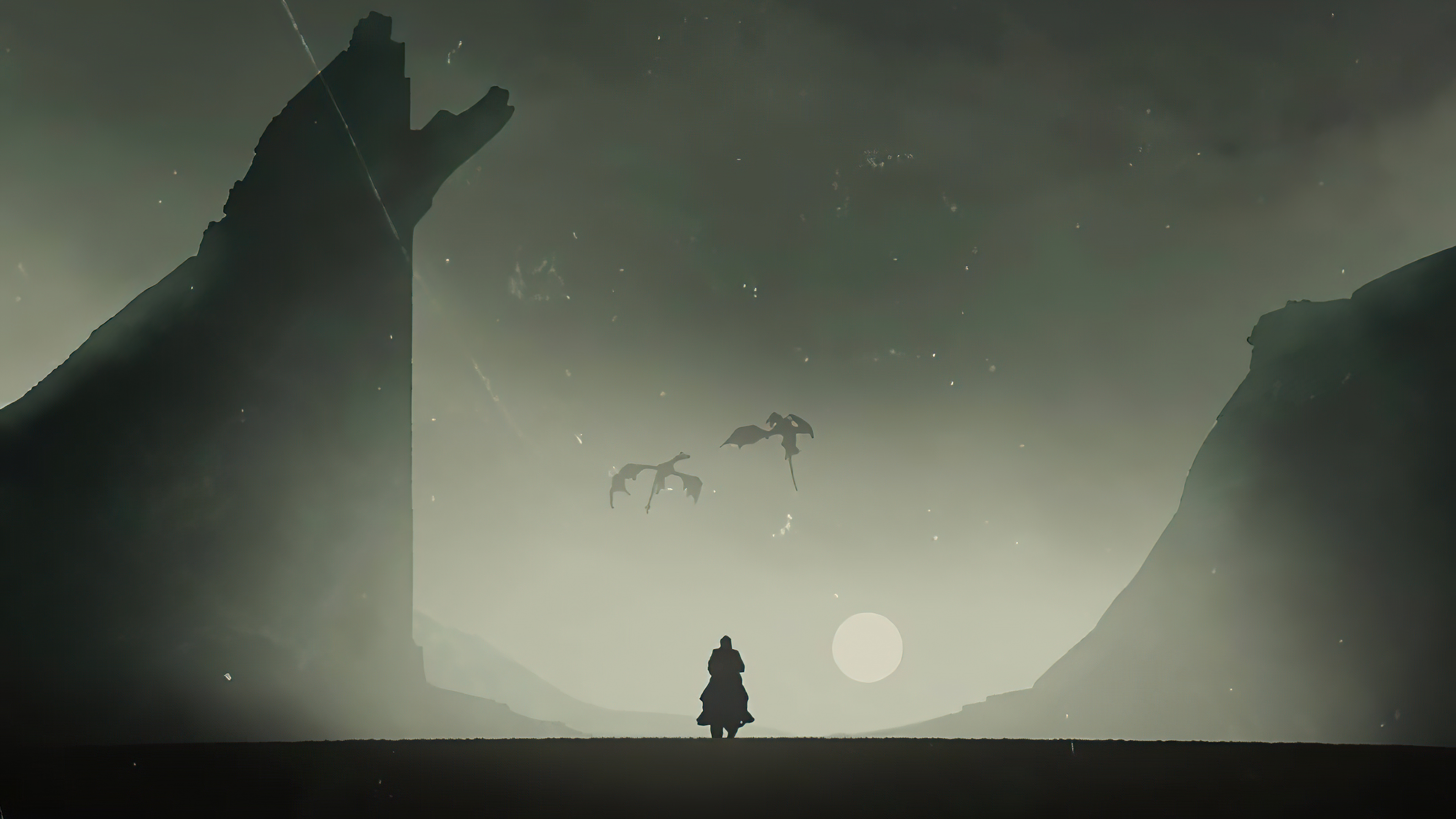 Silhouette of a person on horseback with dragons flying in the sky HD Wallpaper