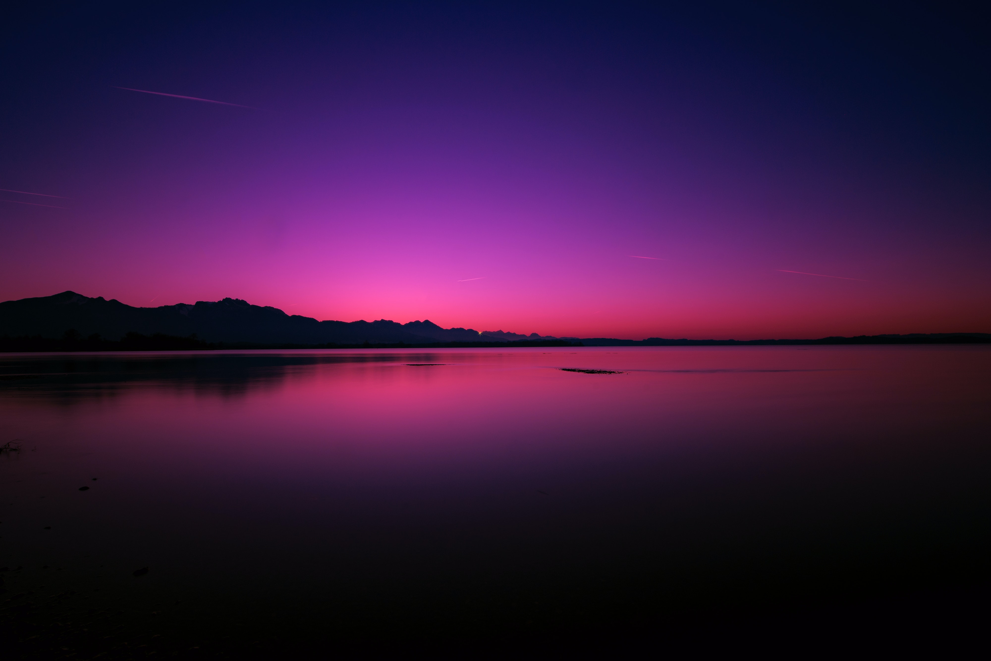 Purple Sunset Over Lake and Mountains 4K HD Wallpaper