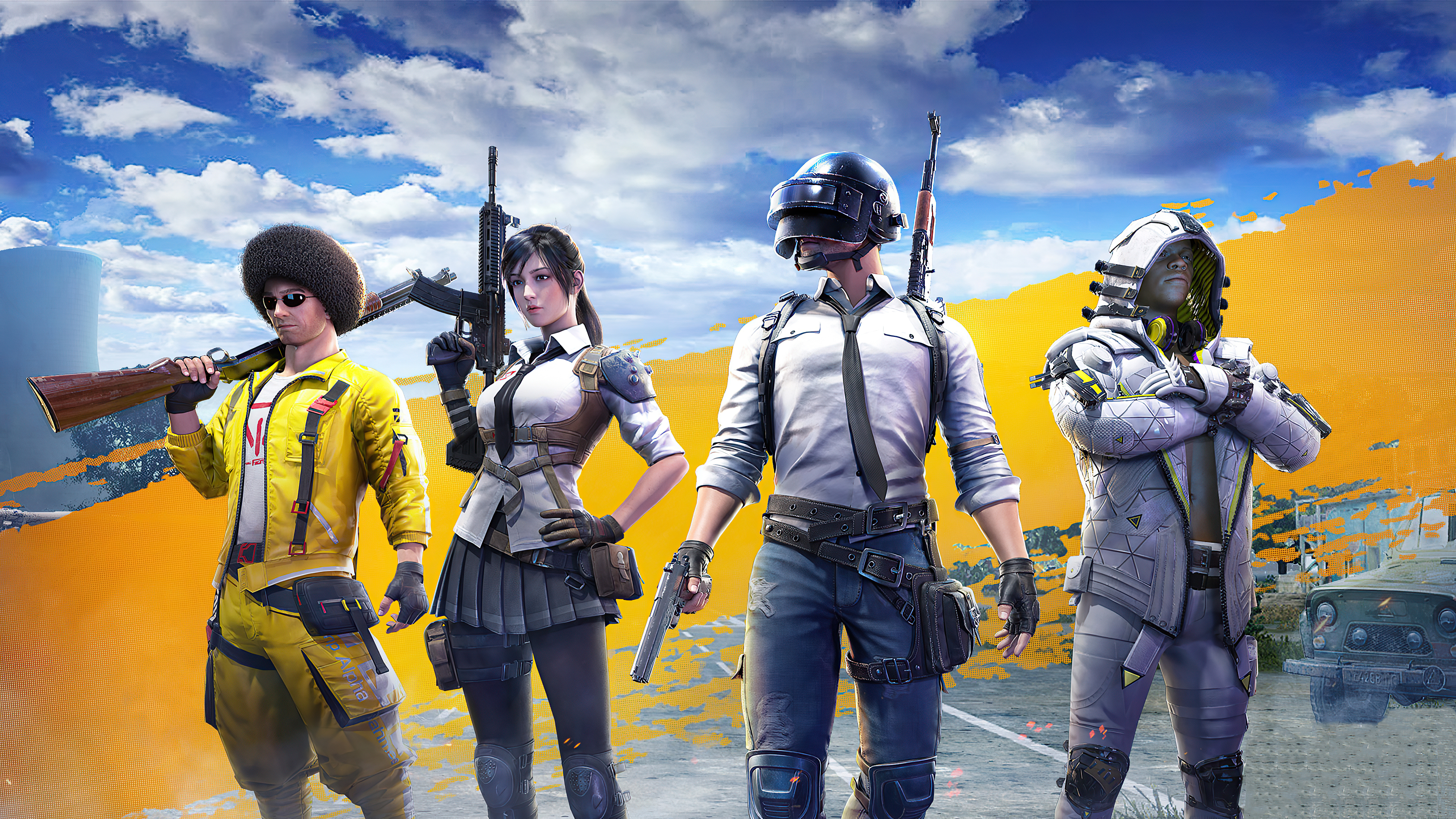 PUBG characters with weapons in a desert landscape HD Wallpaper