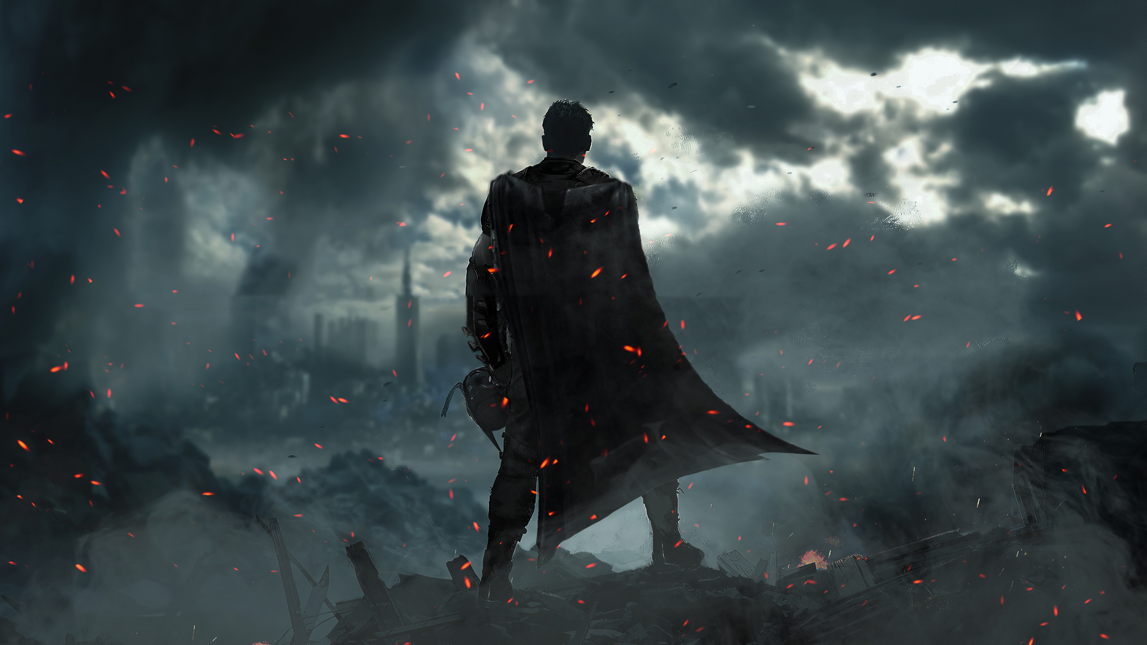 Batman from DC Comics standing in a destroyed city HD Wallpaper