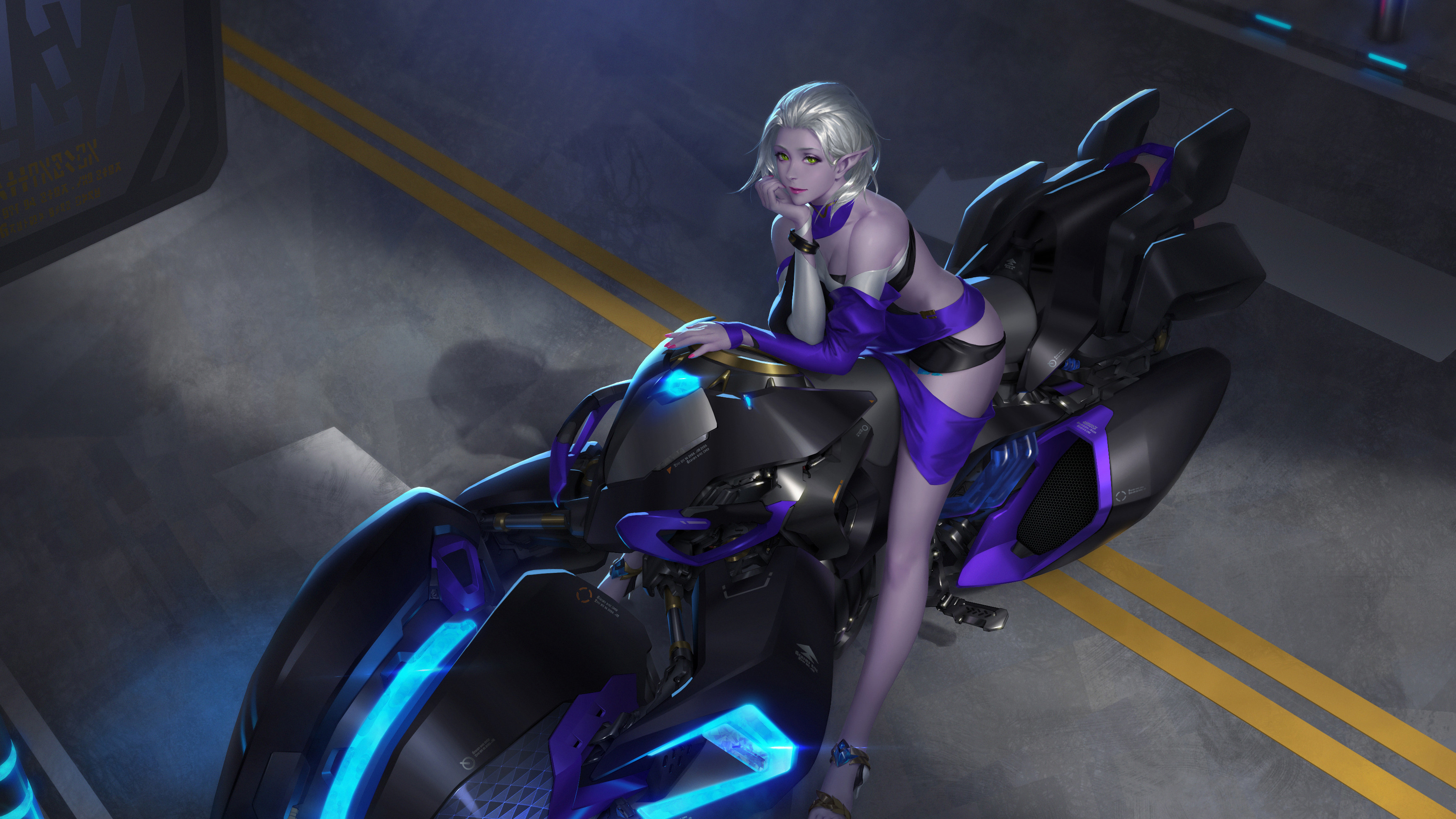 Elf girl on a futuristic motorcycle HD Wallpaper
