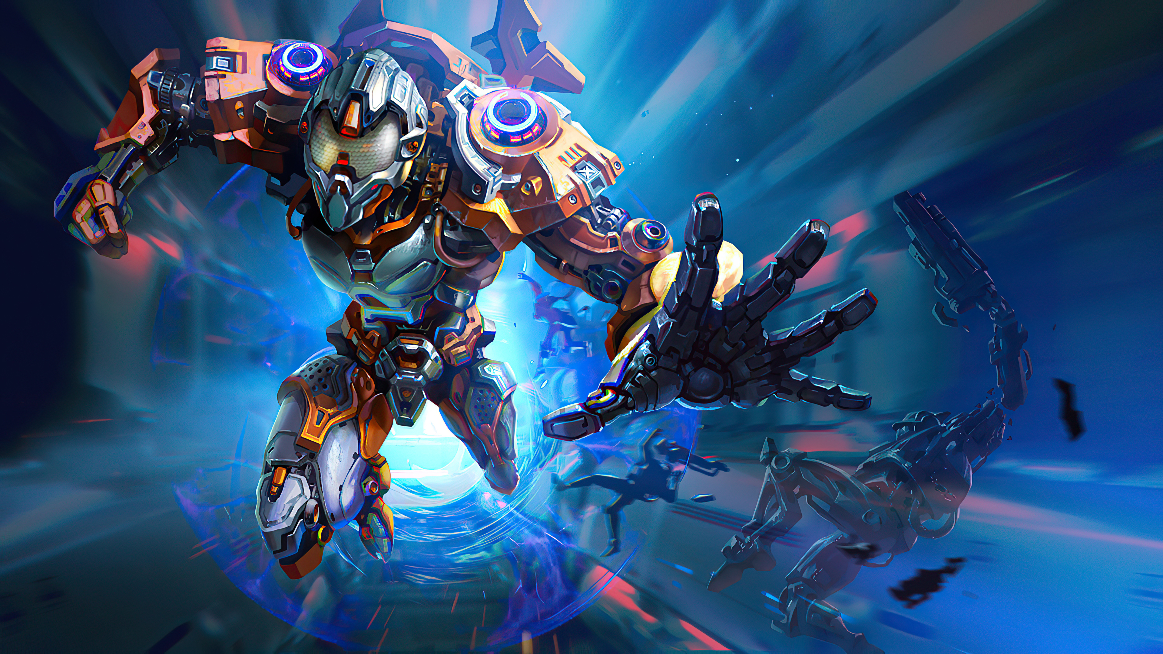 Orange and gray cyborg warrior in action HD Wallpaper