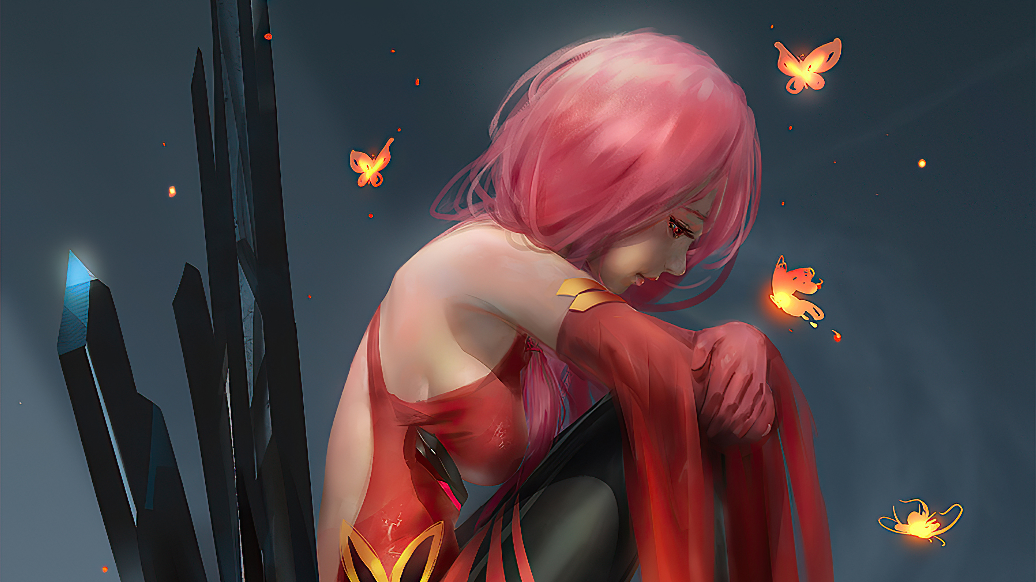 Girl with pink hair and butterflies 4K HD Wallpaper