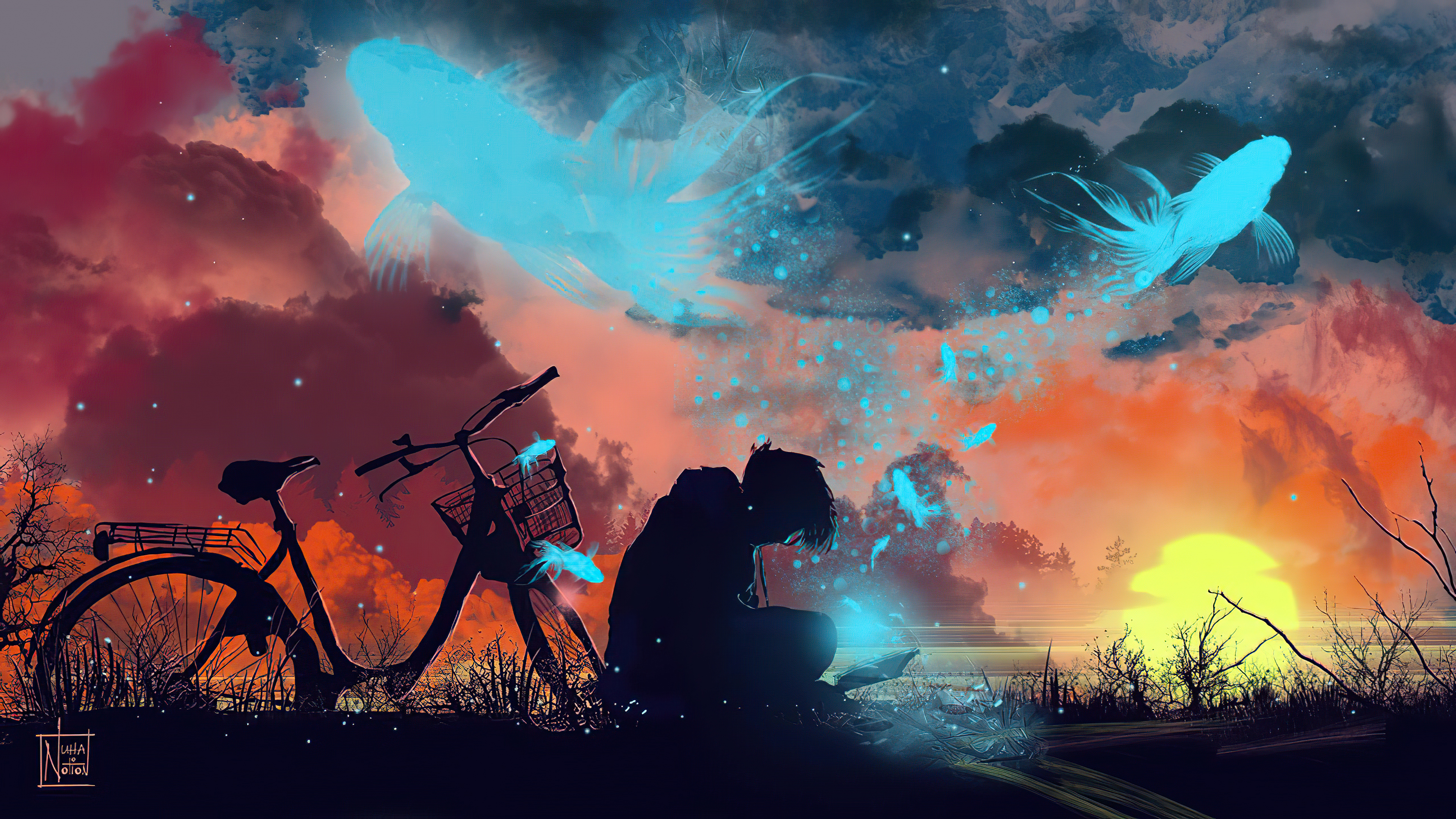 Digital art with glowing fish and a person HD Wallpaper