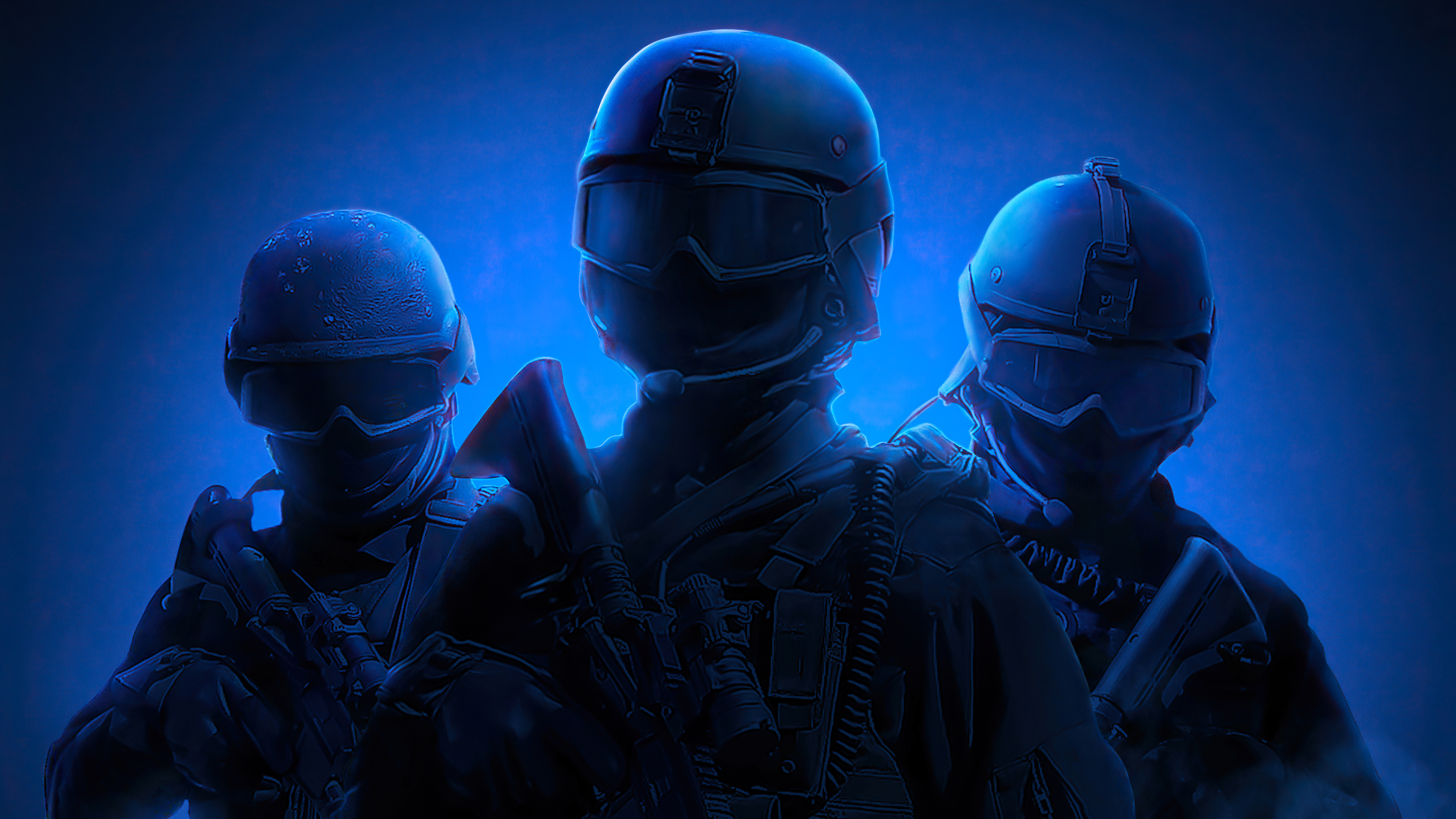 Three soldiers in tactical gear with helmets and goggles HD Wallpaper