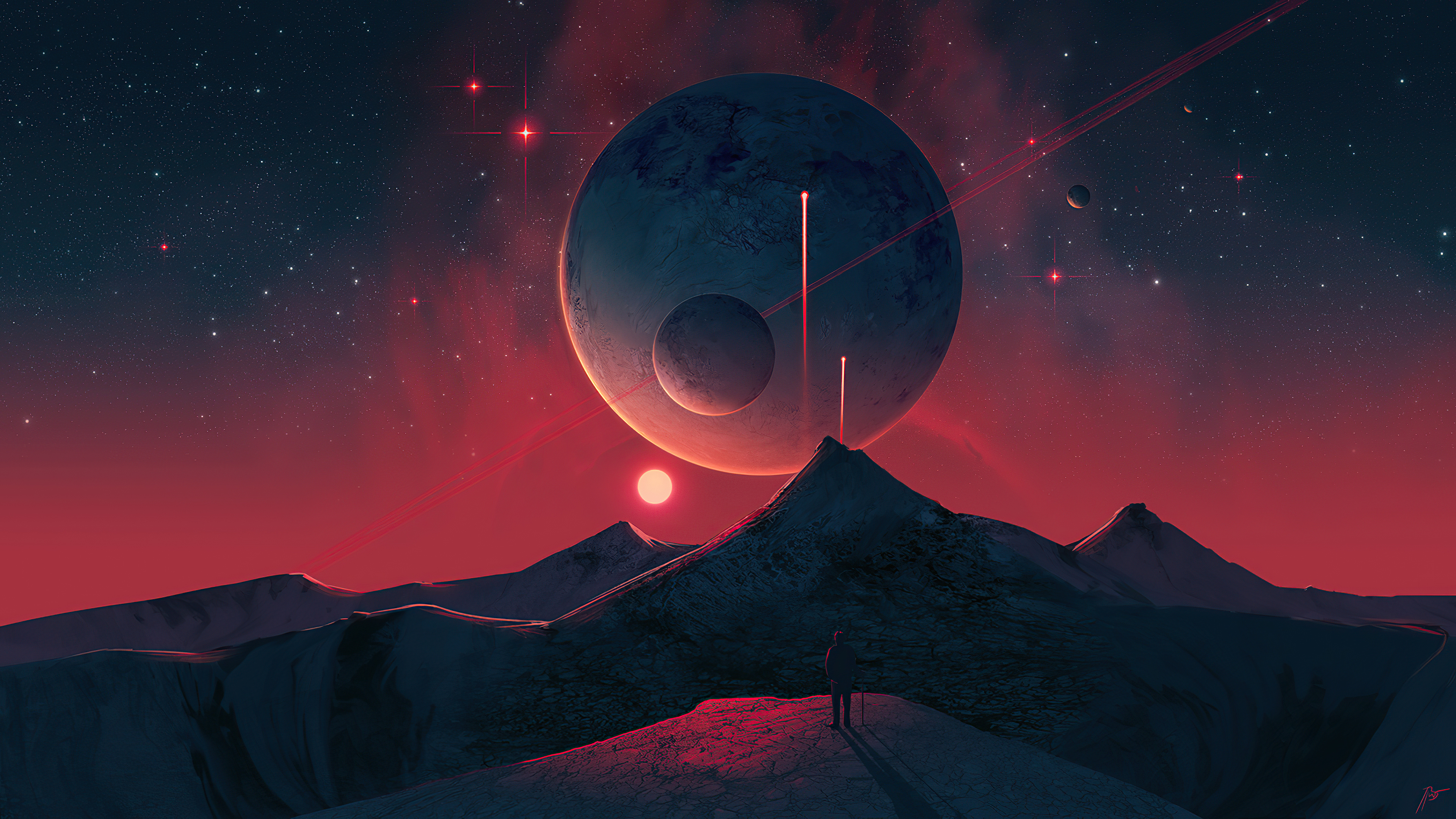 Alien landscape with planets and mountains HD Wallpaper