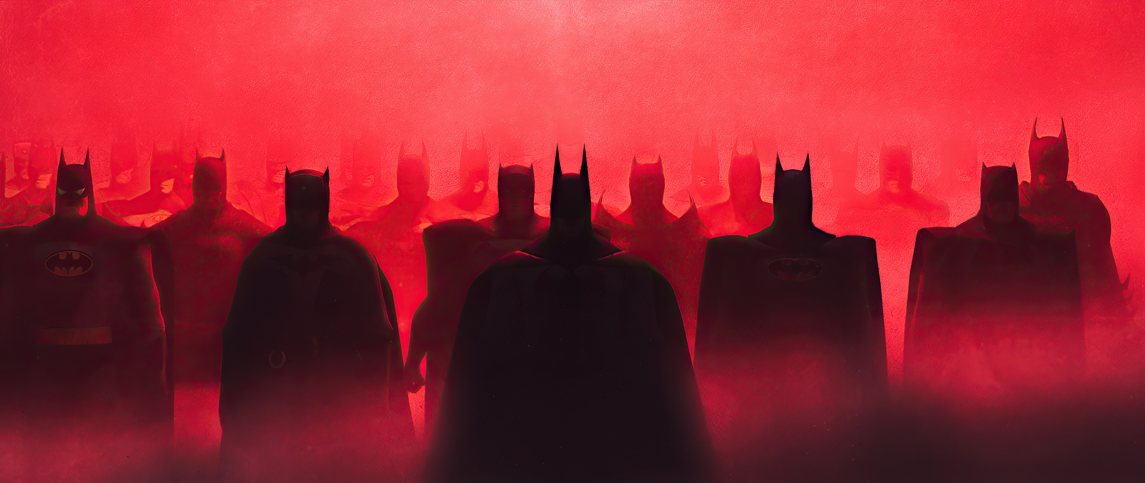 Multiple Batmen in red lighting 4K HD Wallpaper