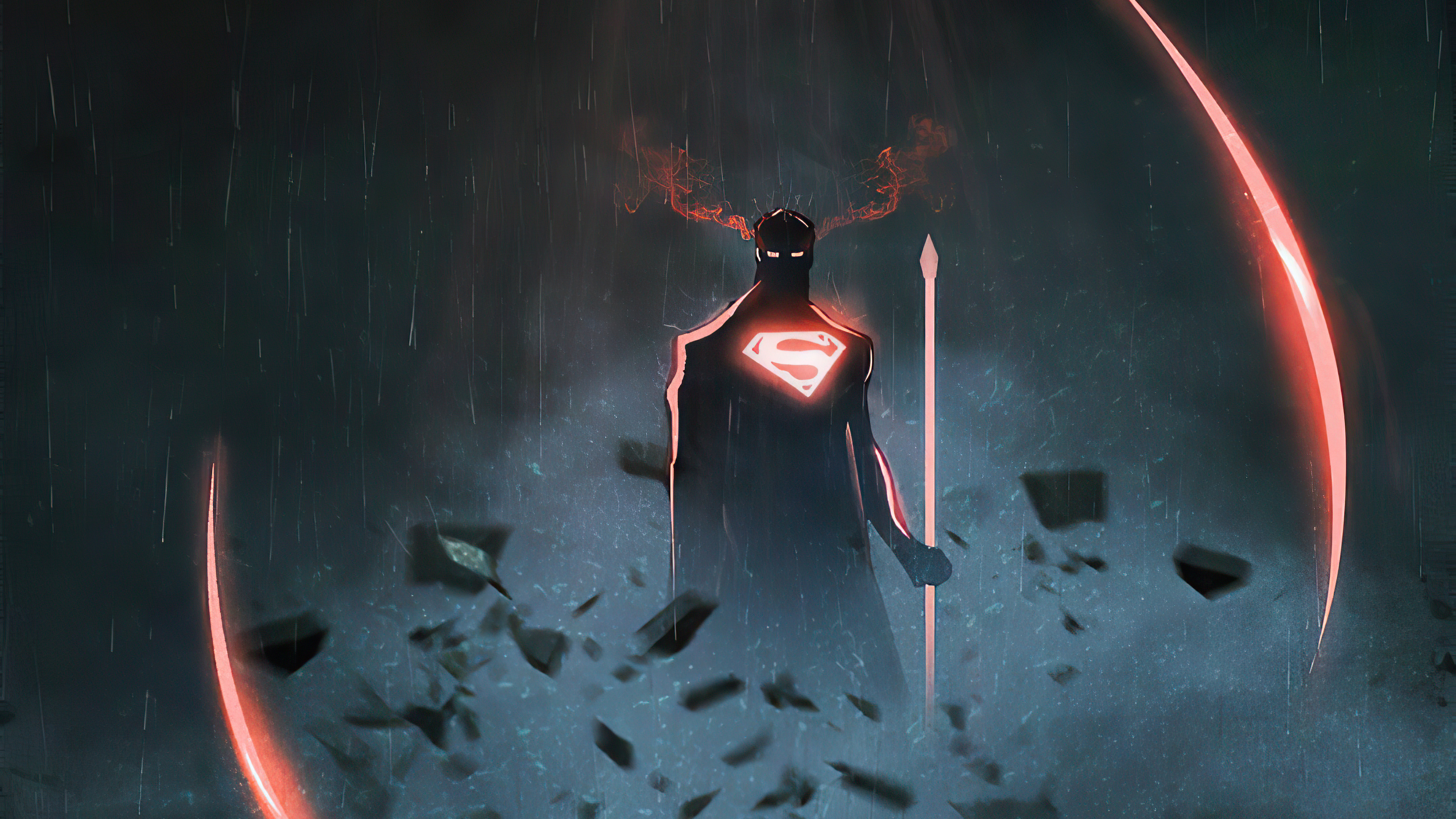 Superman with glowing S-shield and spear in rain HD Wallpaper