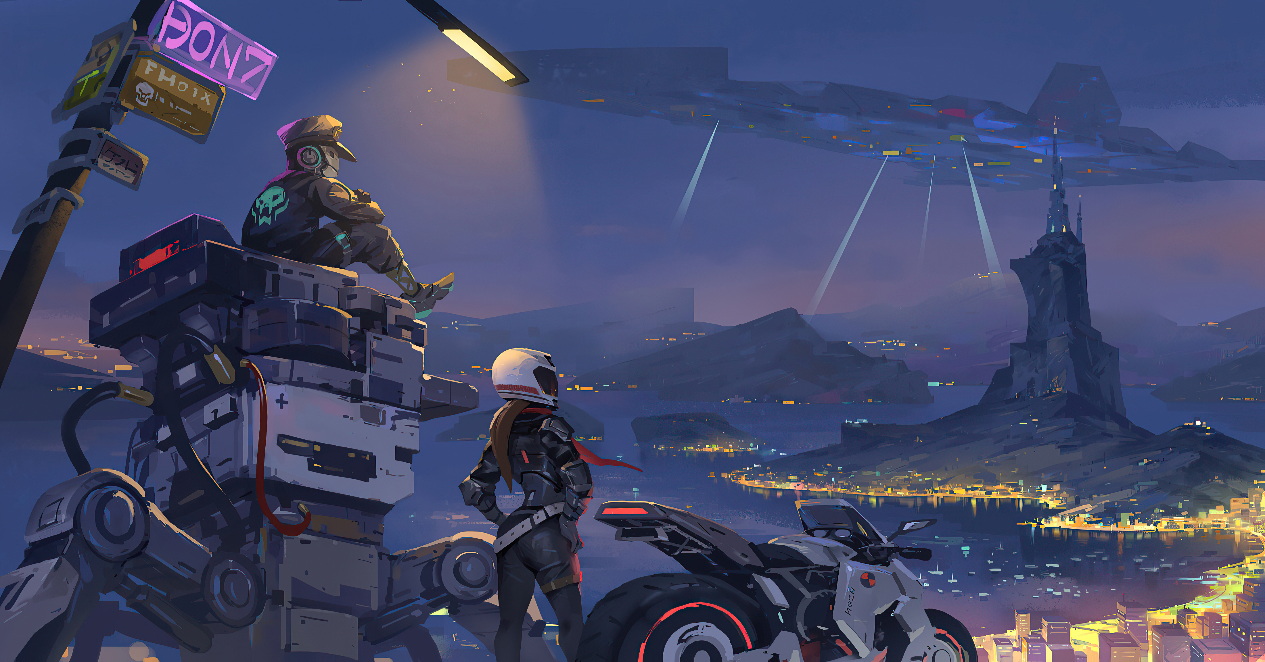 Two figures and a motorcycle overlook a futuristic city at night HD Wallpaper
