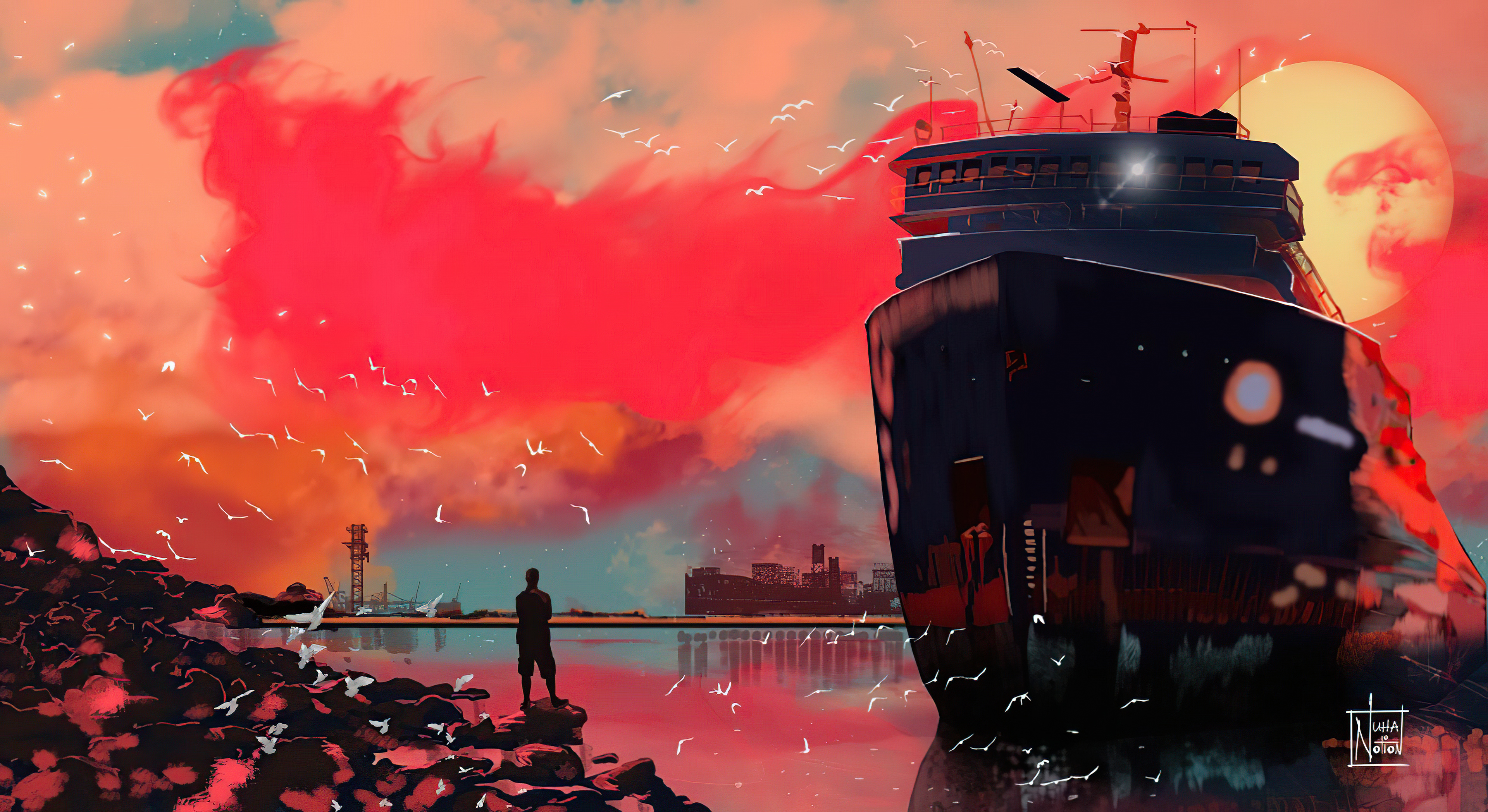Man watching a large ship and birds at sunset HD Wallpaper