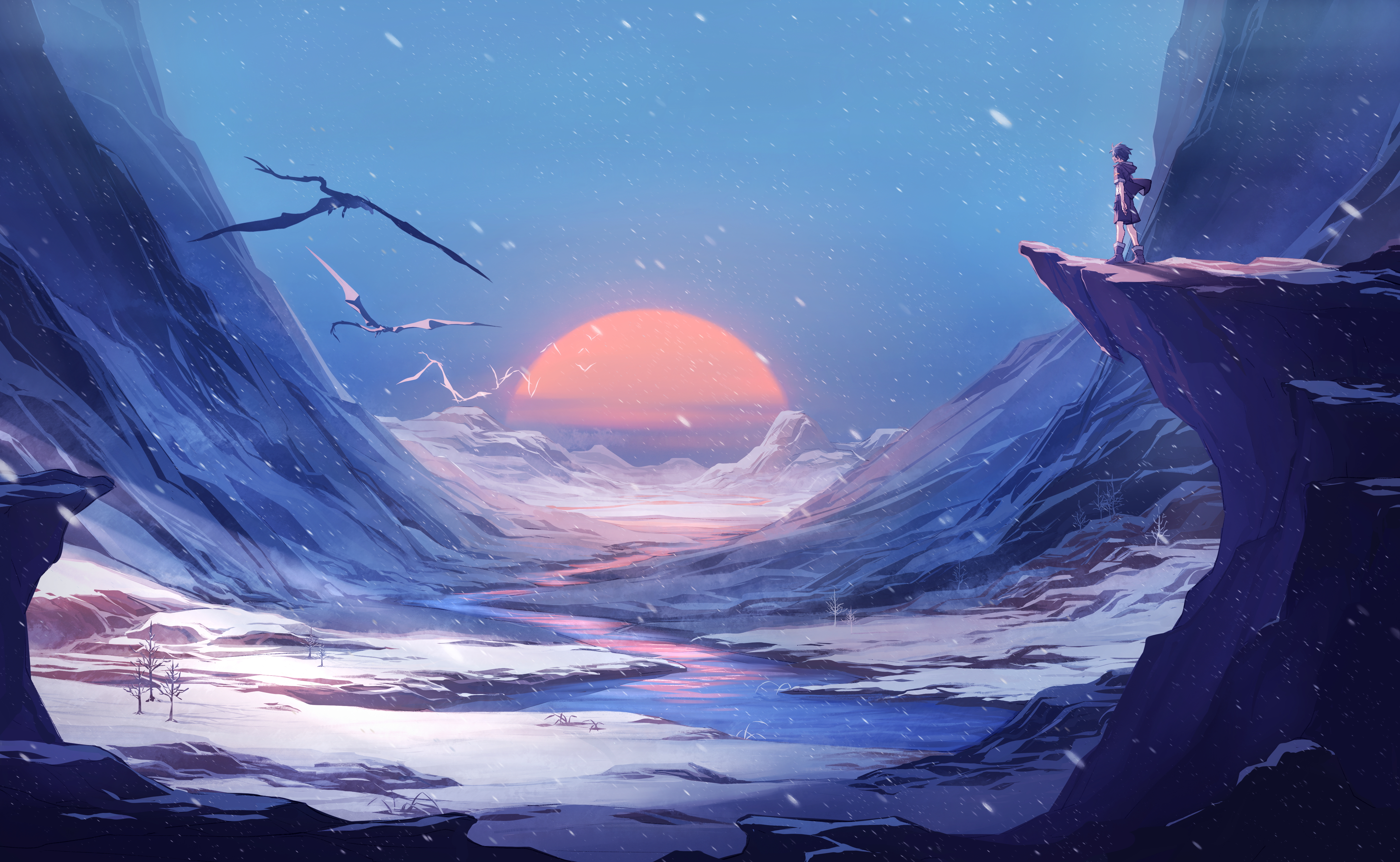 Fantasy landscape with dragons and a lone figure HD Wallpaper