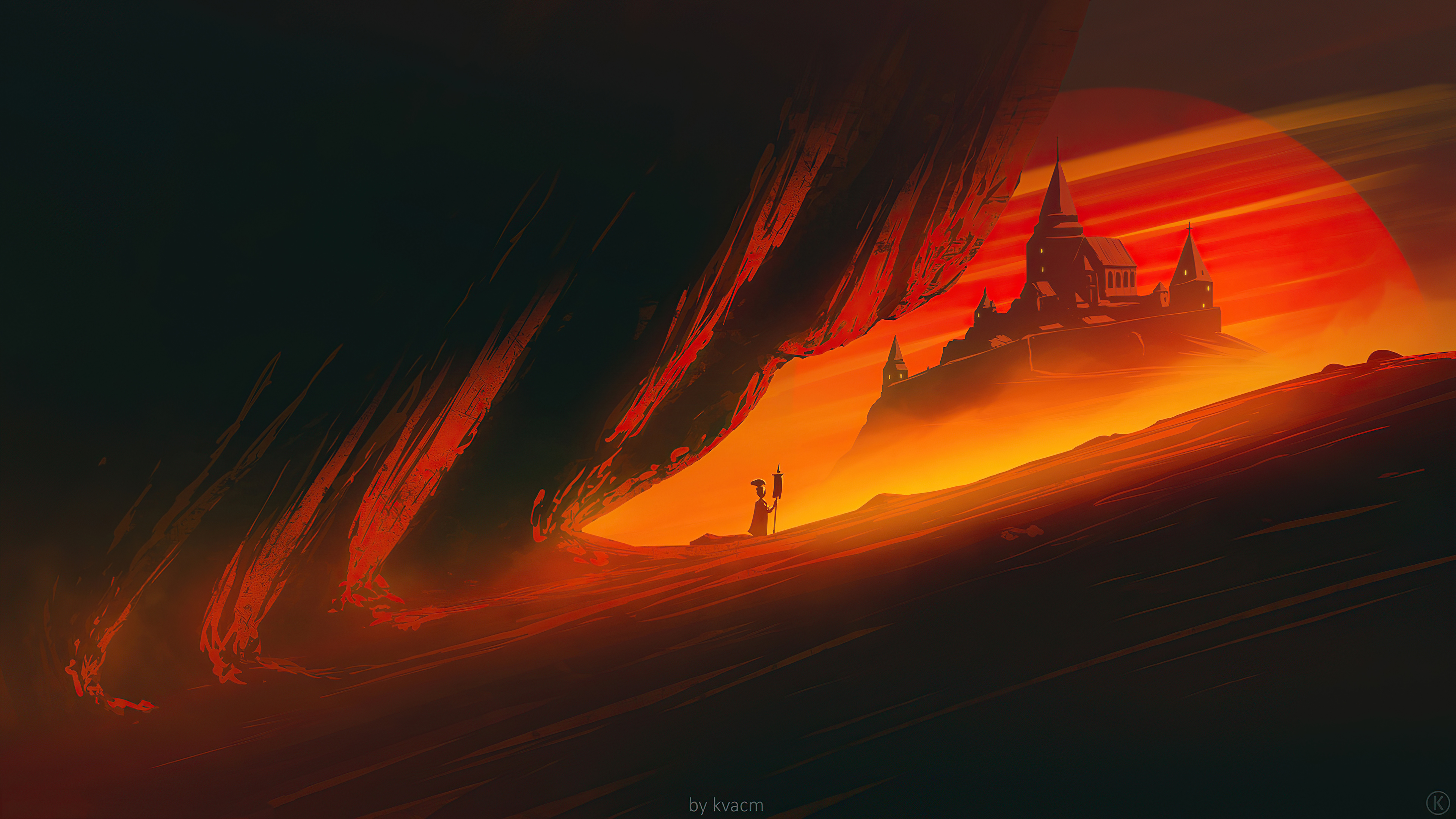 Fantasy castle on a hill under a red sky HD Wallpaper