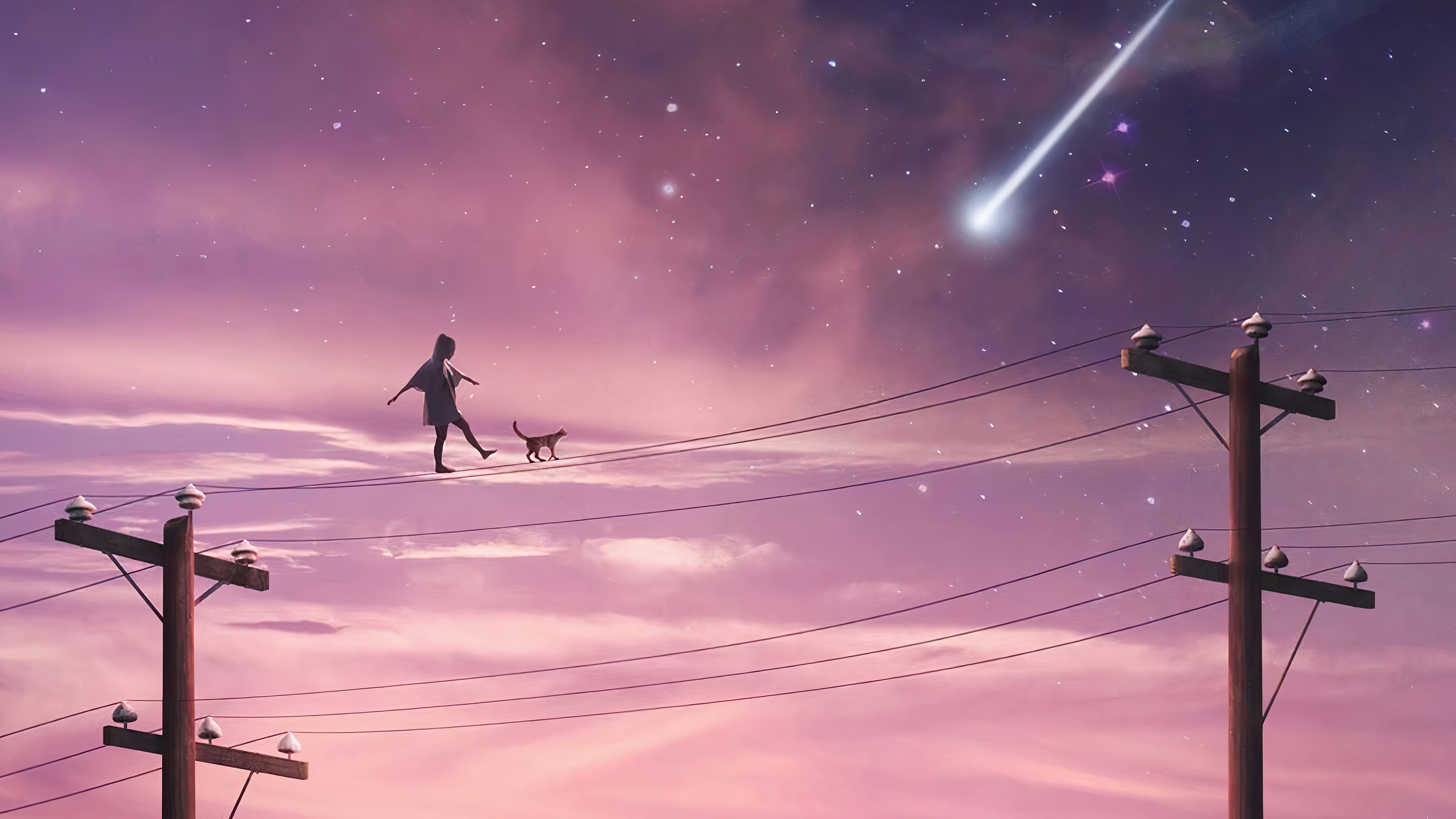 Girl and cat walking on power lines under a starry sky with a shooting star HD Wallpaper