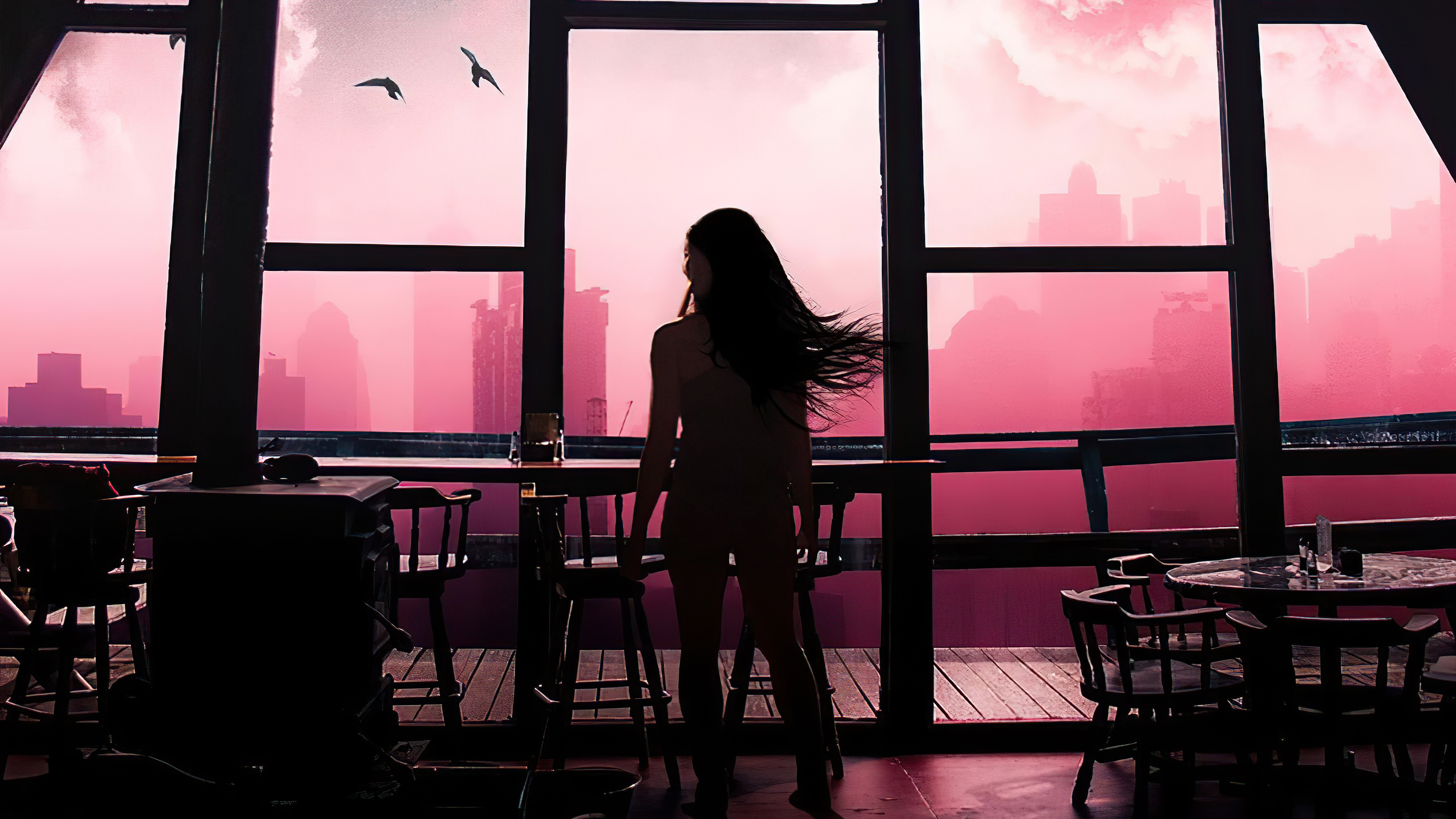 Digital art of a woman looking out a window at a pink city HD Wallpaper