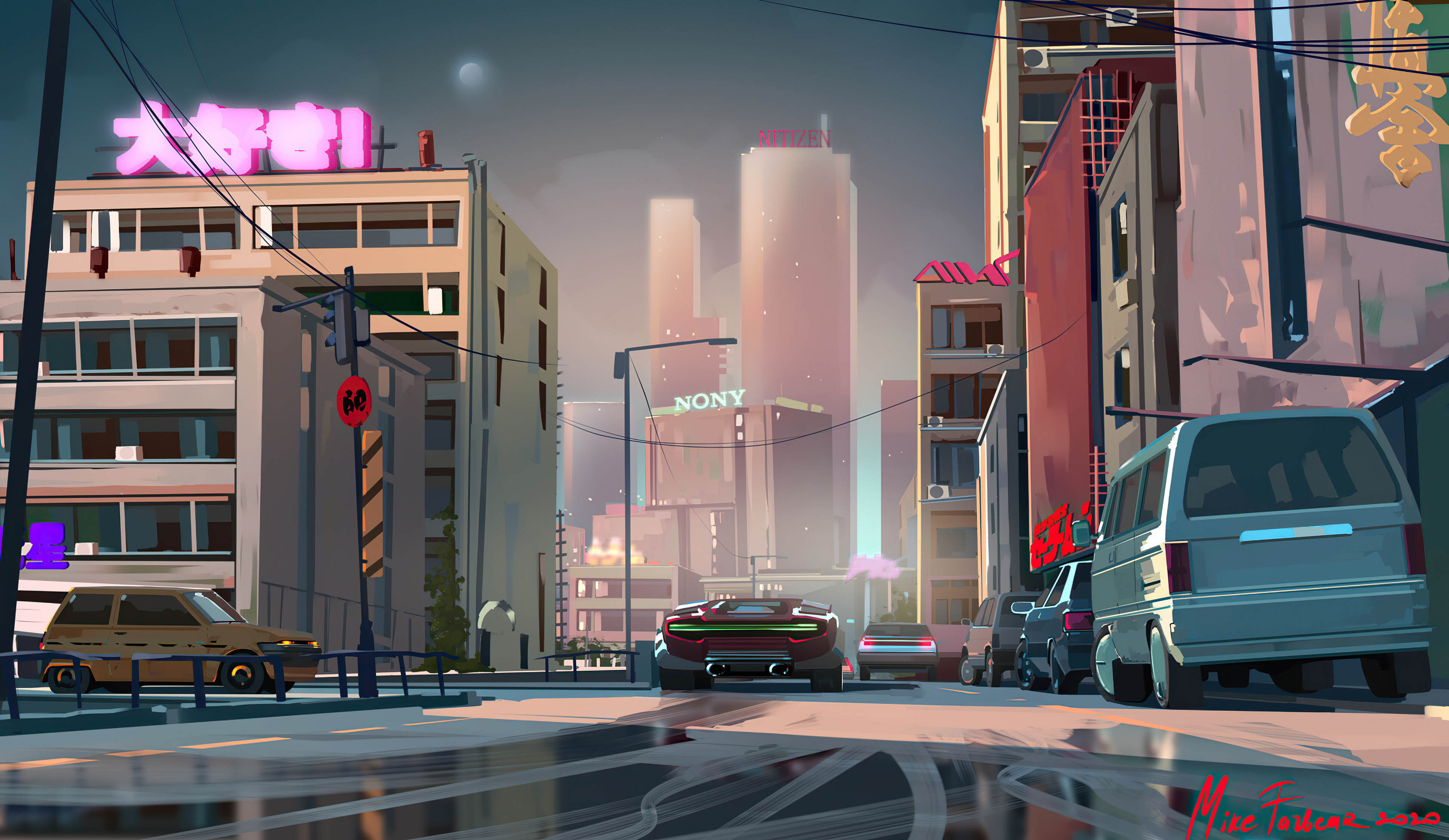 Cyberpunk City Street with Cars and Neon Signs HD Wallpaper