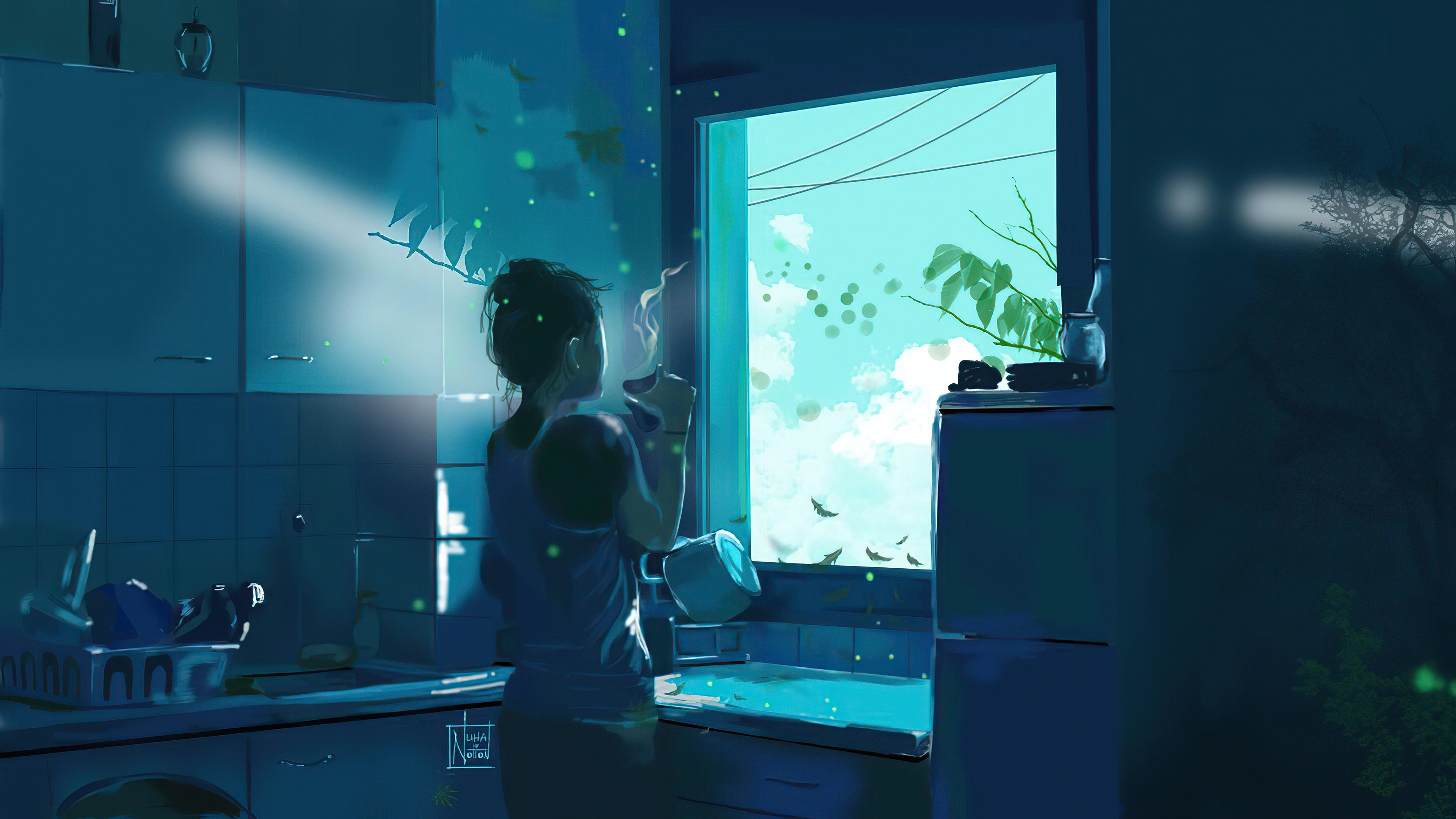 Artwork of a woman in a kitchen with fireflies HD Wallpaper