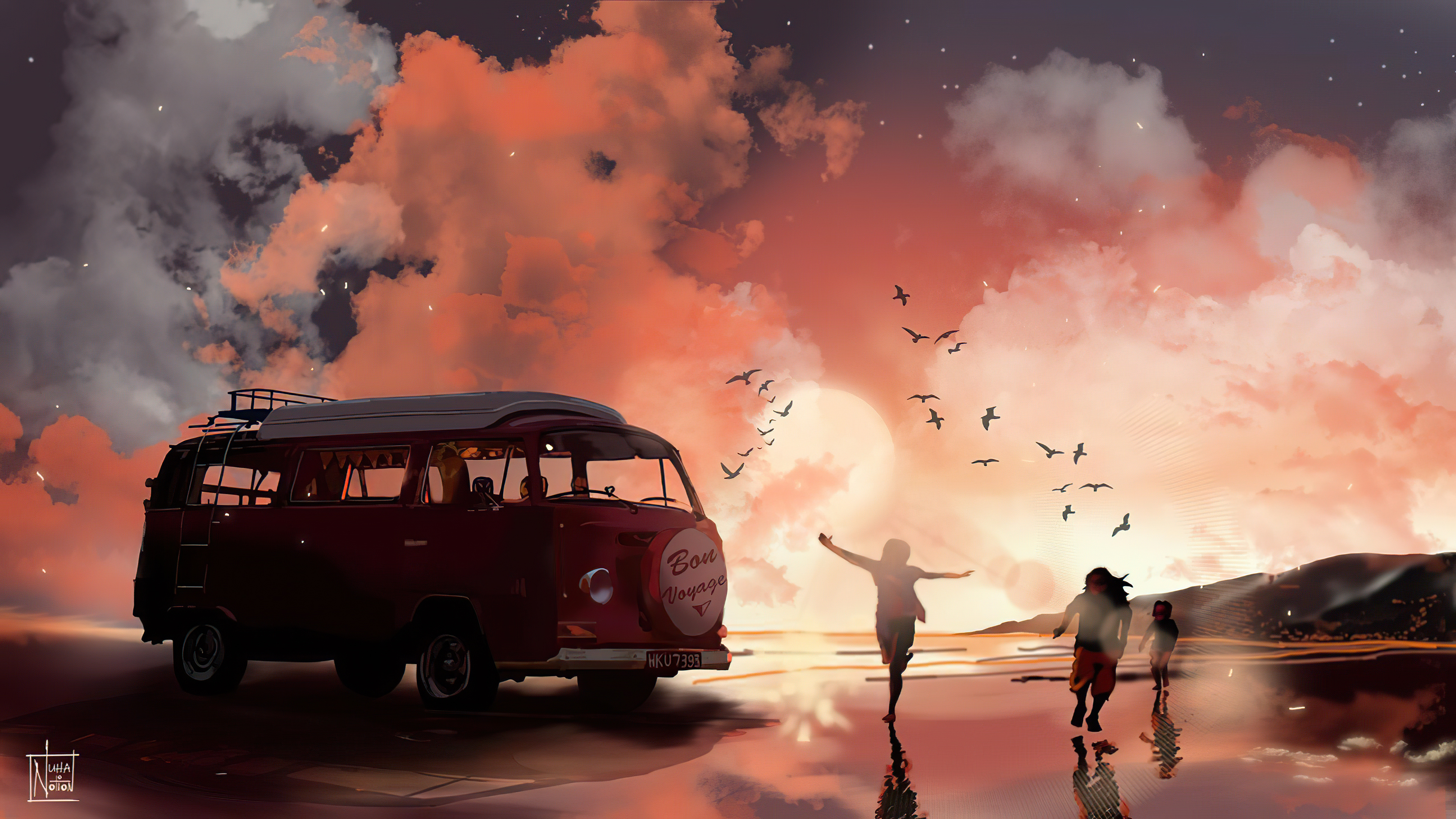 Digital art of a van and people at sunset HD Wallpaper