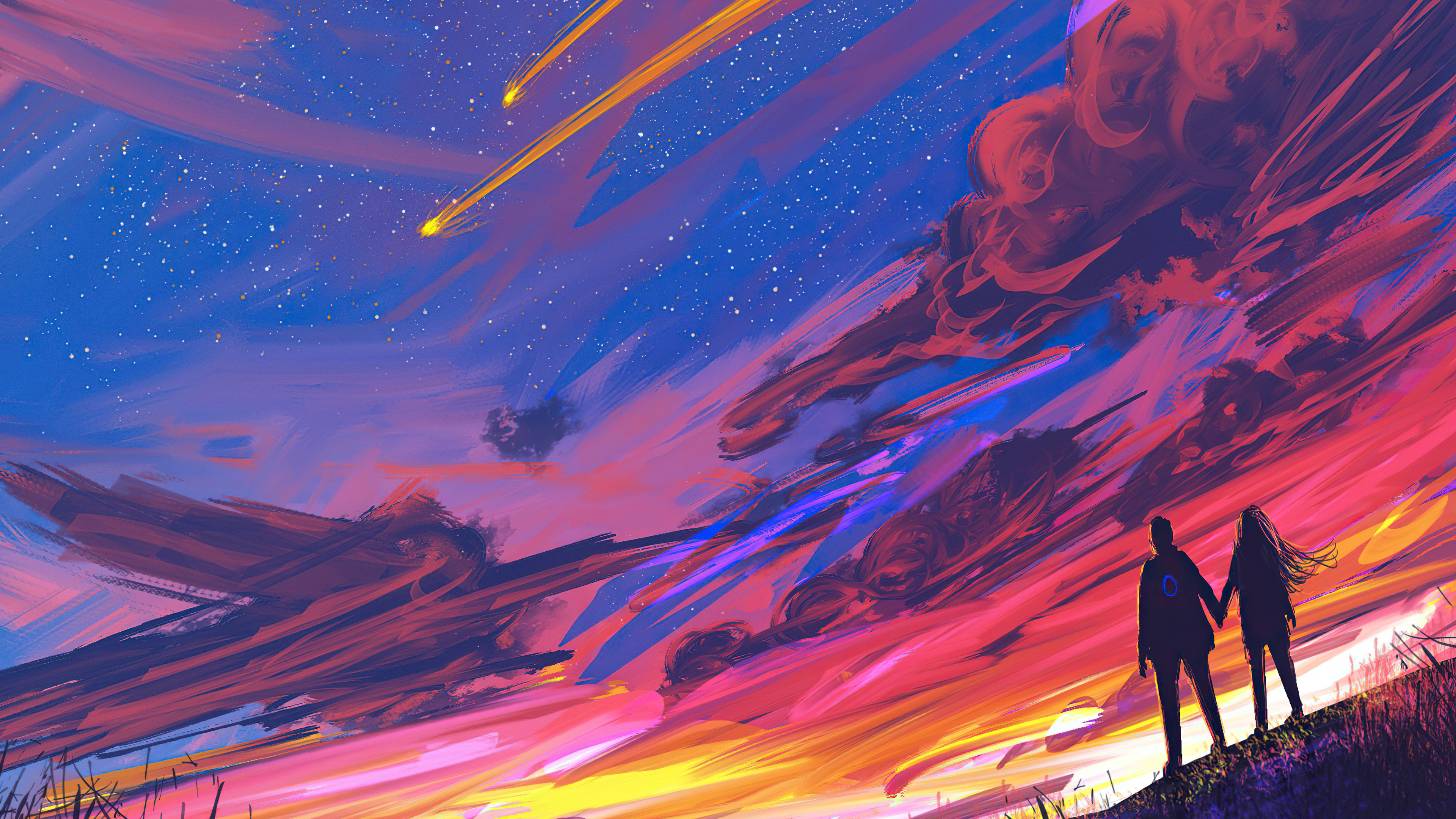 Couple watching shooting stars in colorful sky HD Wallpaper