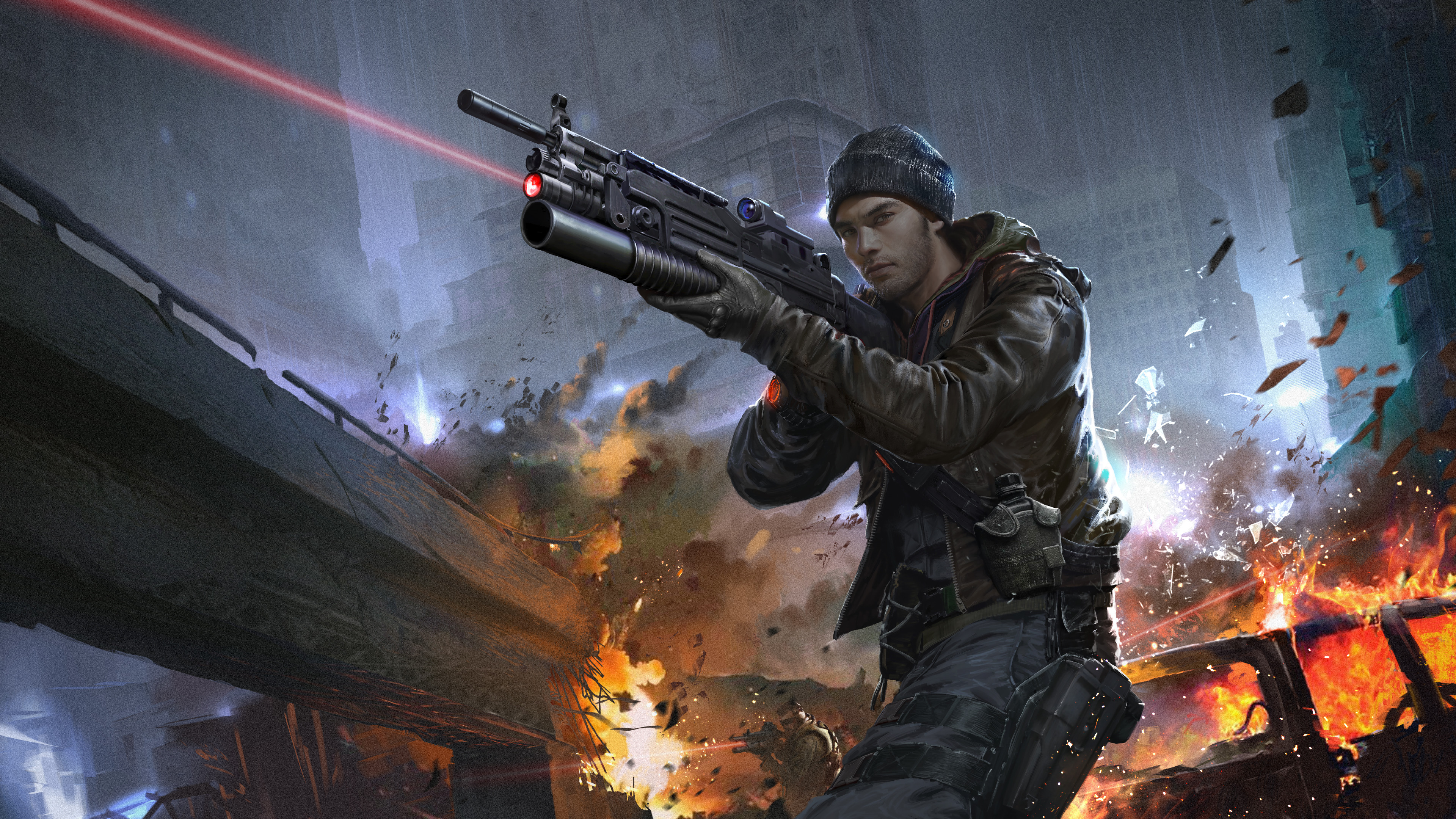 Man with gun in destroyed city HD Wallpaper
