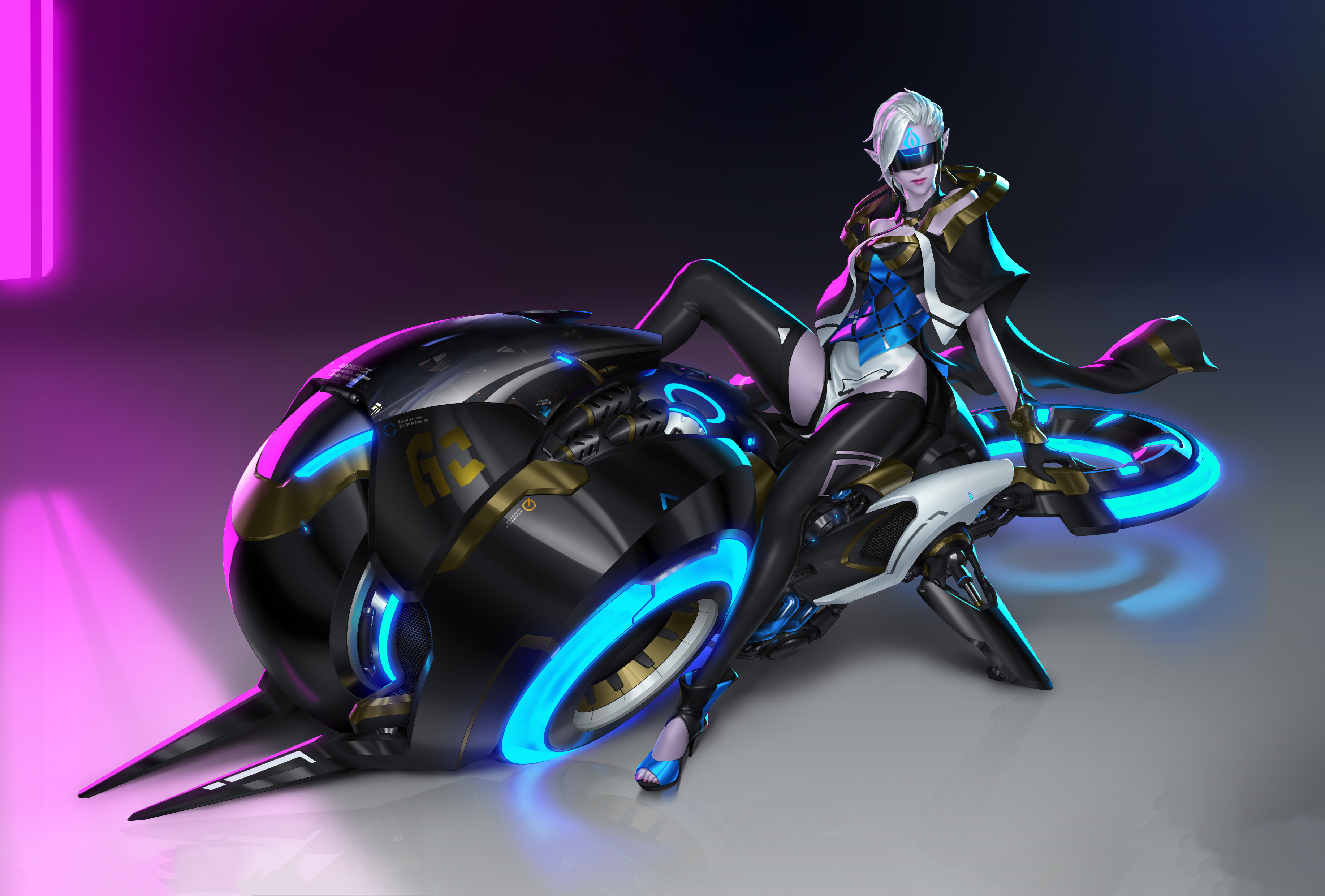 Artwork of a woman on a futuristic motorcycle HD Wallpaper