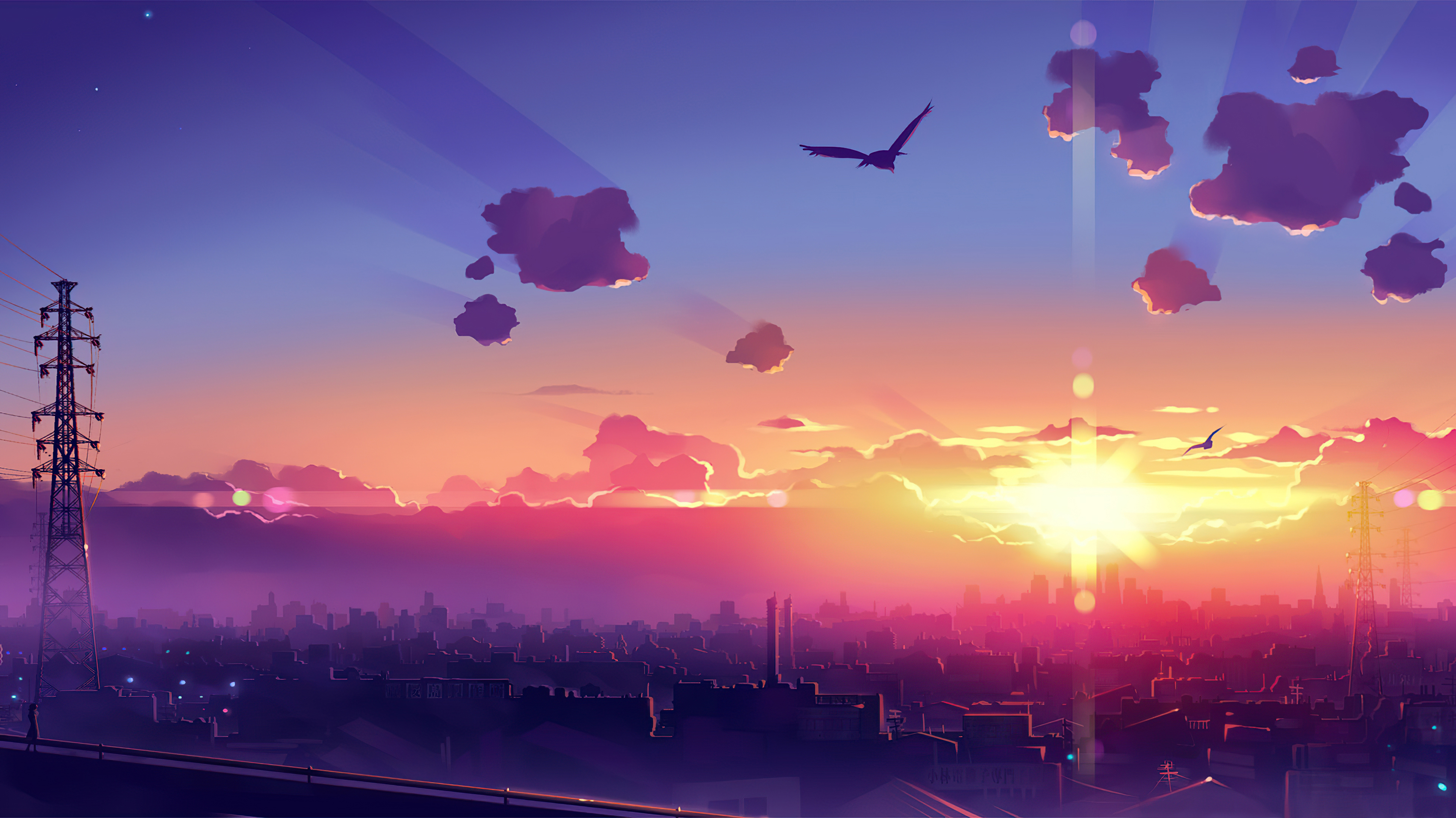 Anime city skyline at sunset with birds flying HD Wallpaper