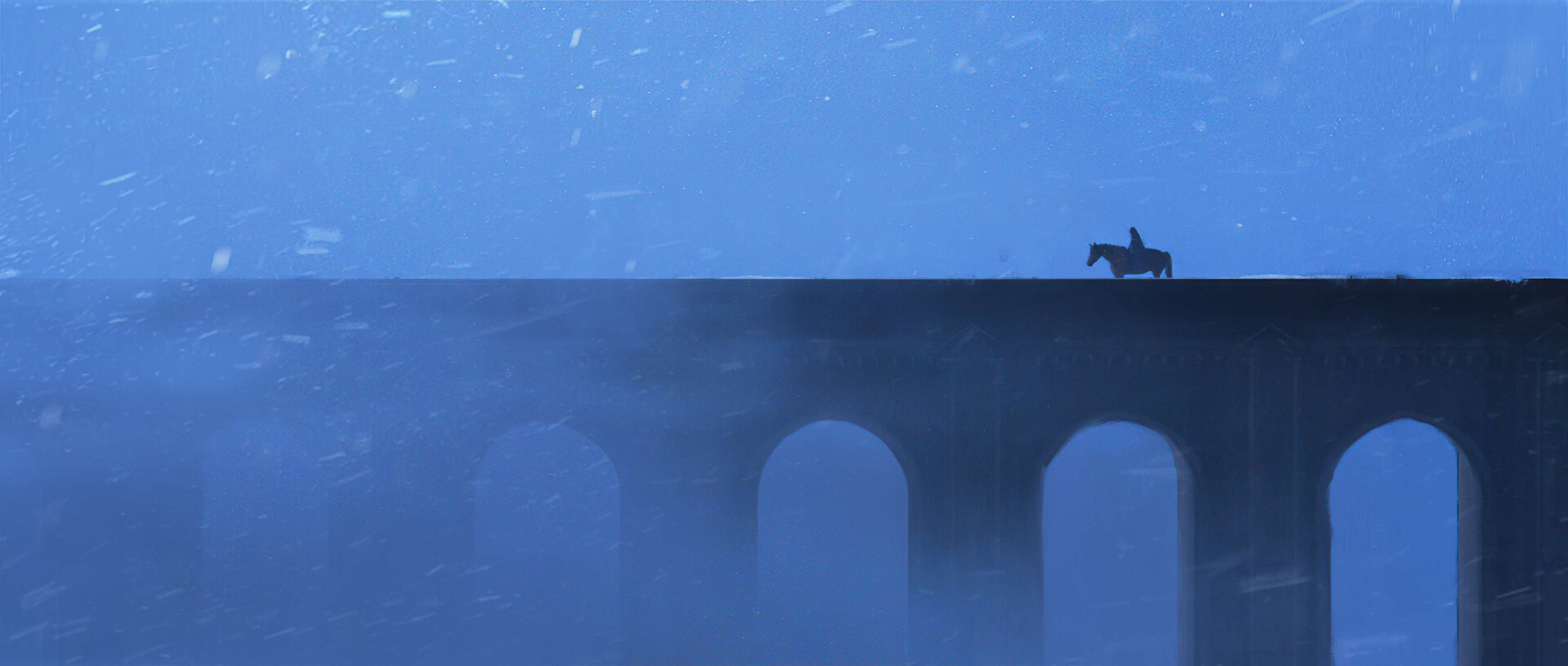 A lone rider on a horse crosses a bridge in the snow HD Wallpaper