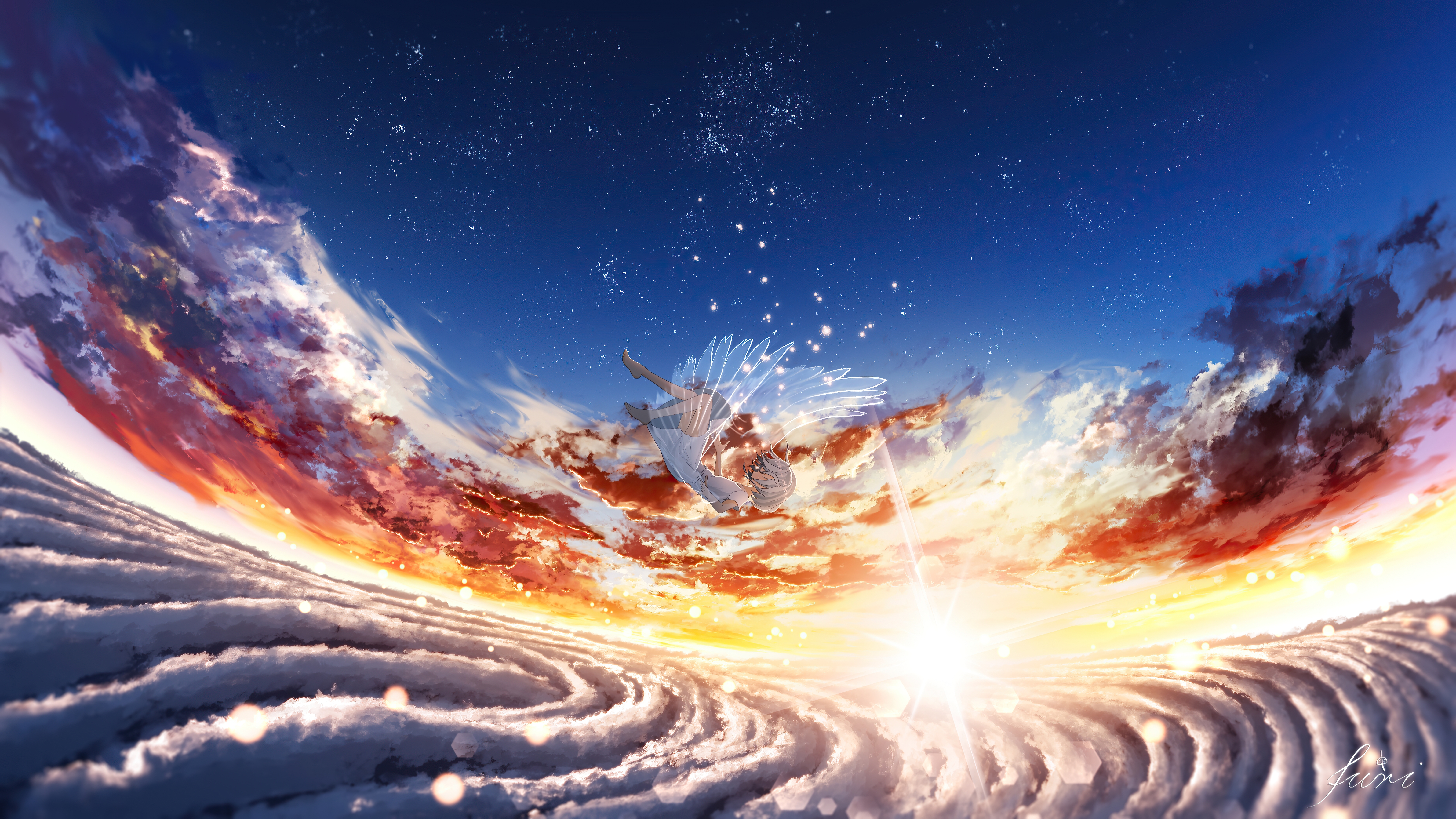 Anime angel falling through clouds at sunset HD Wallpaper