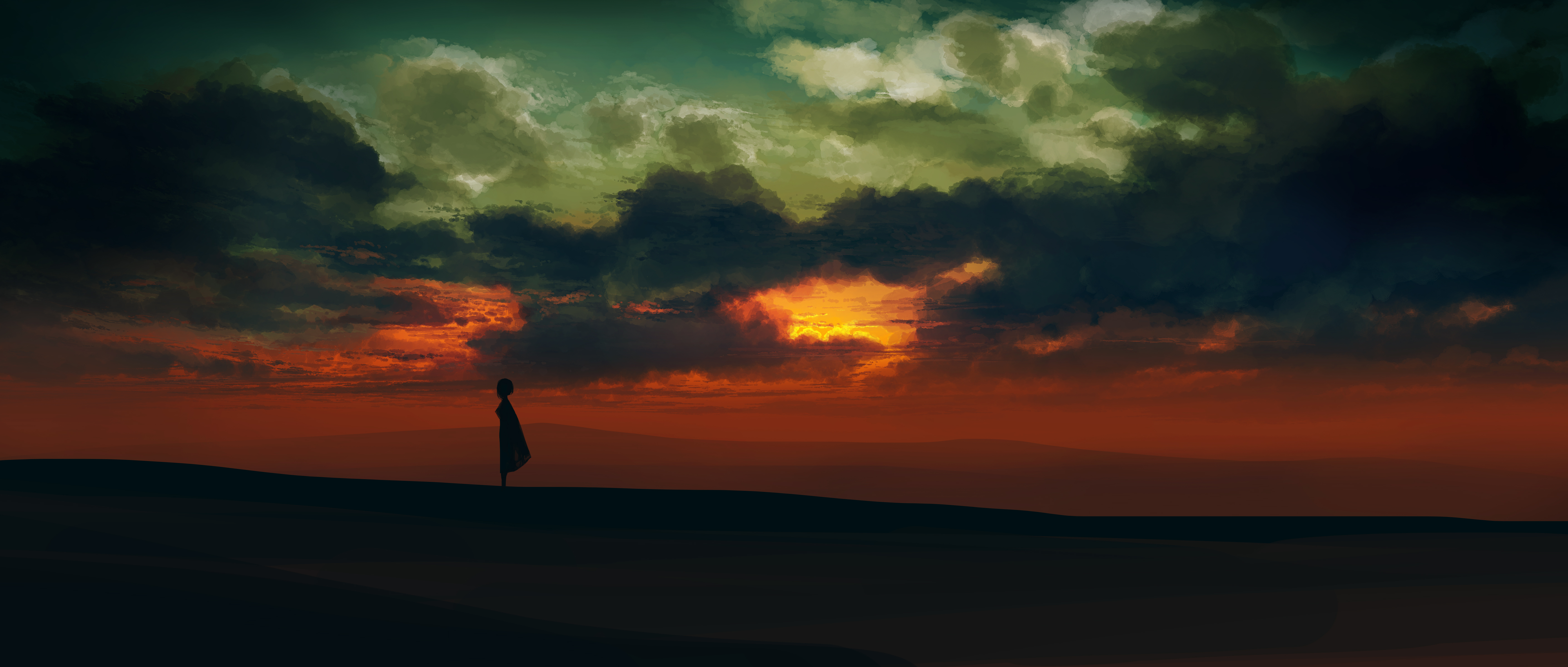 A lone figure stands on a dune at sunset HD Wallpaper