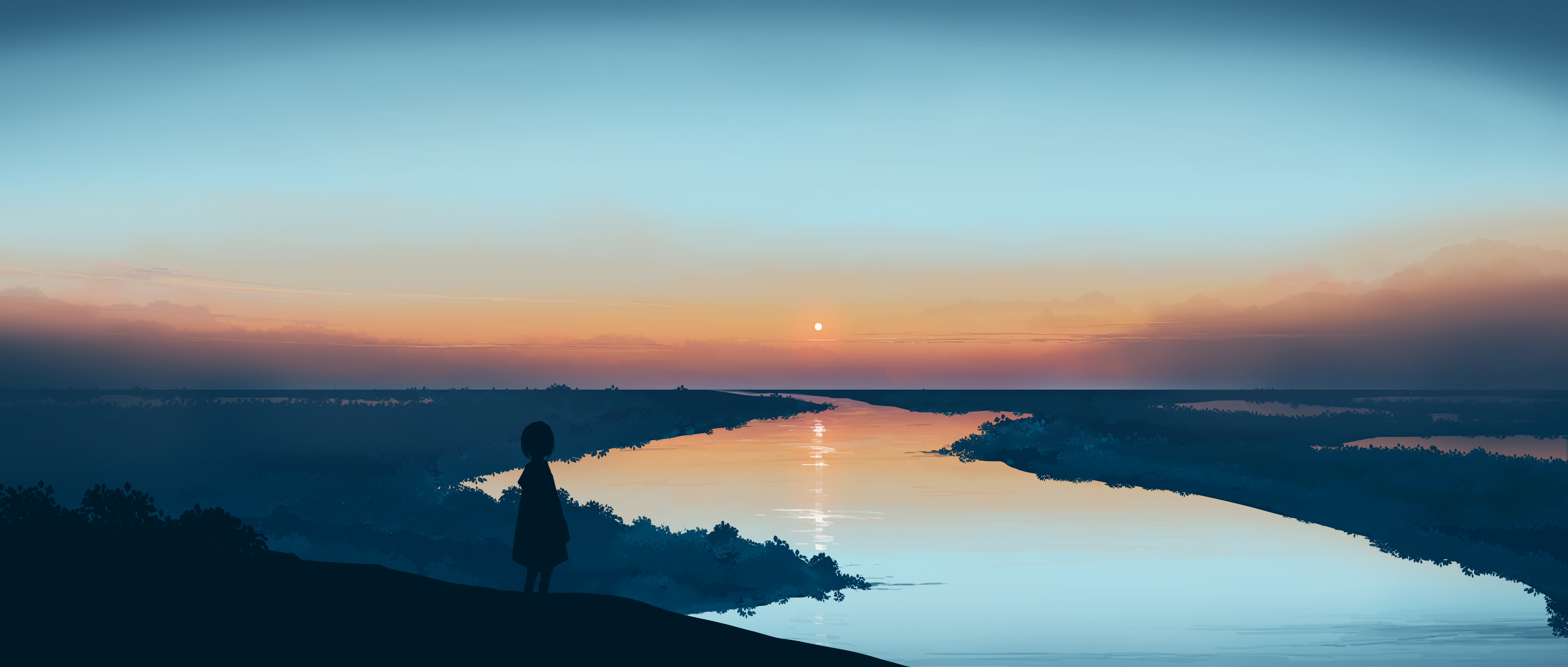 Anime girl watching sunset over river HD Wallpaper