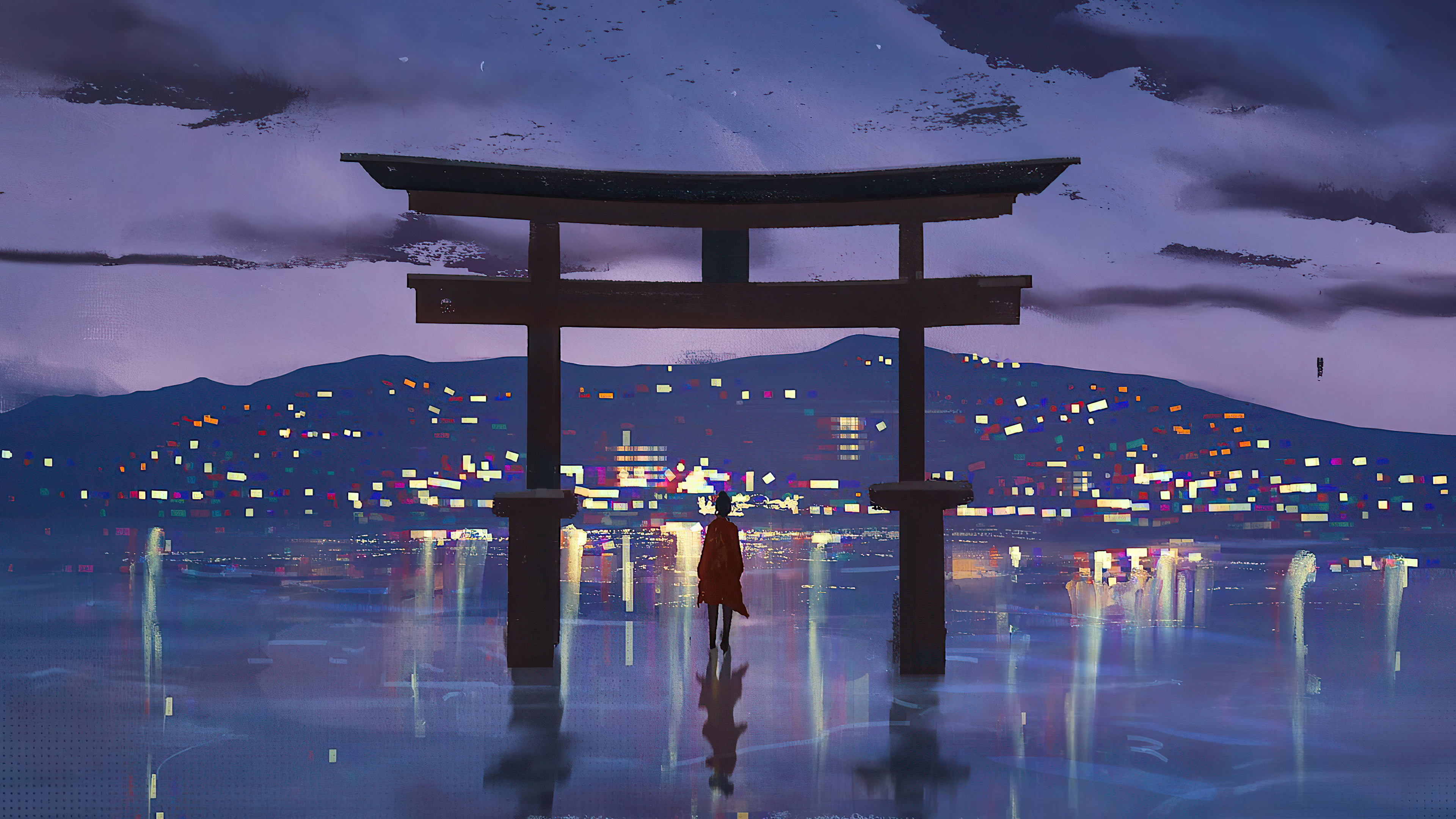 Person standing at a Torii gate overlooking a city at night HD Wallpaper