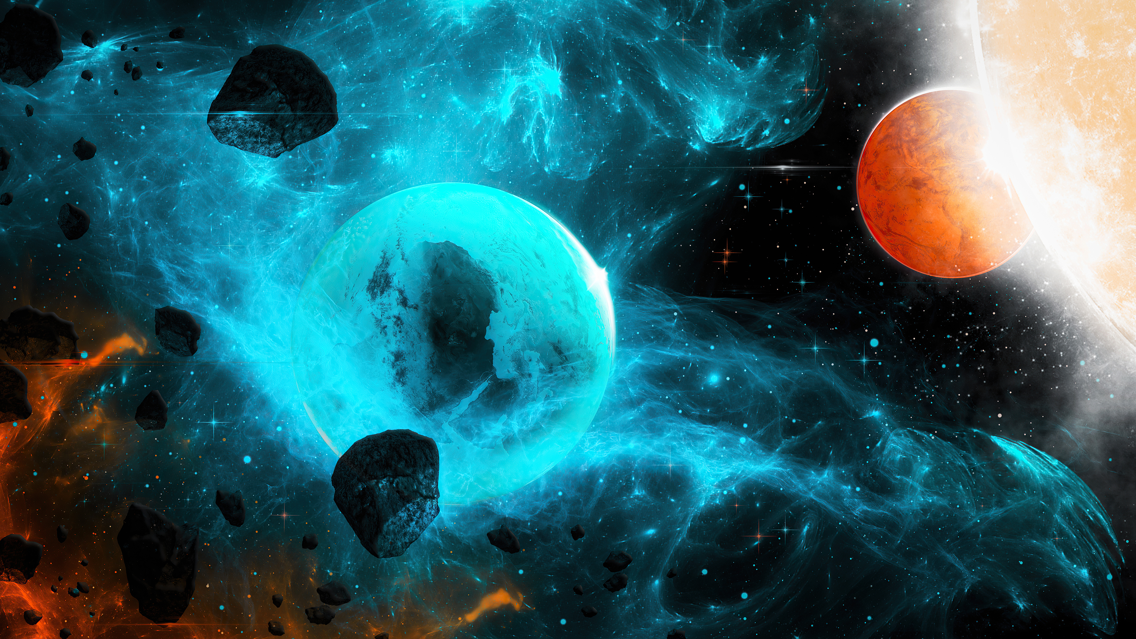 Digital Universe Artwork with Planets and Asteroids HD Wallpaper