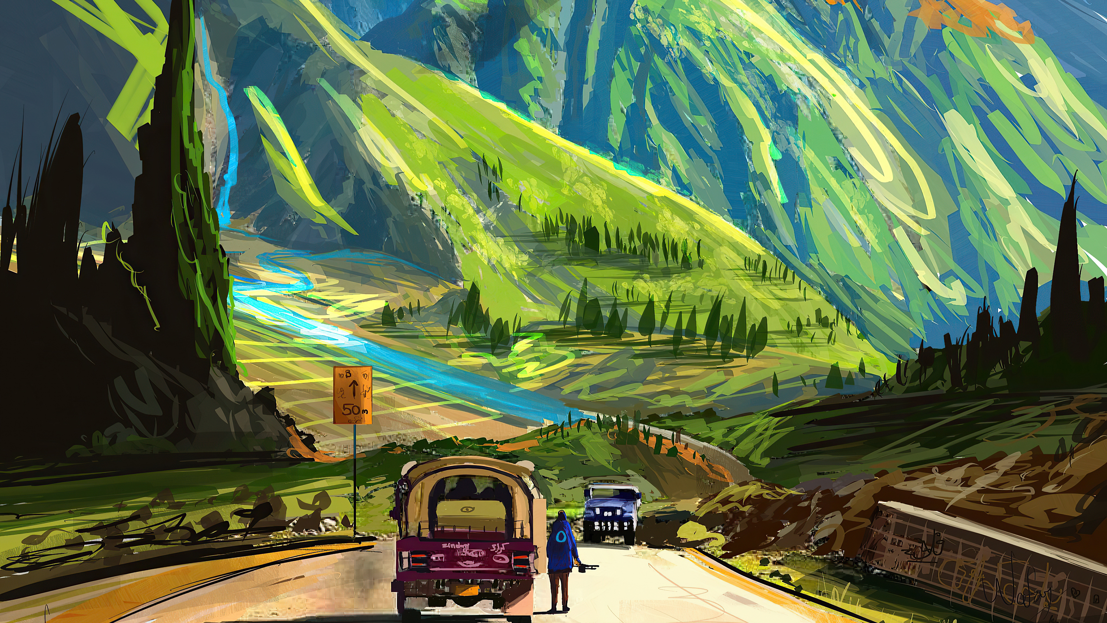 Digital art of a mountain road with vehicles HD Wallpaper