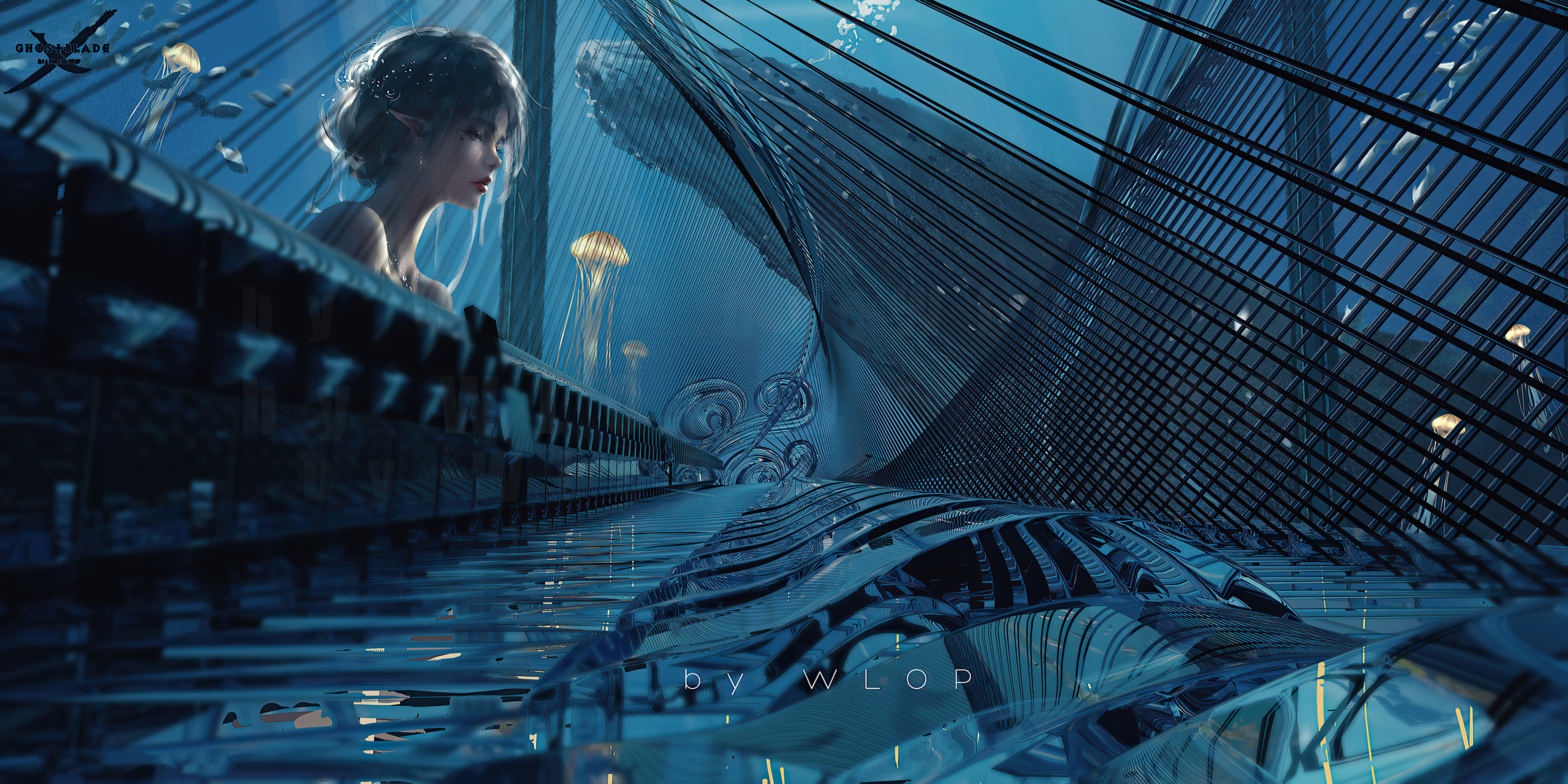 Artwork by Wlop featuring a woman and jellyfish HD Wallpaper